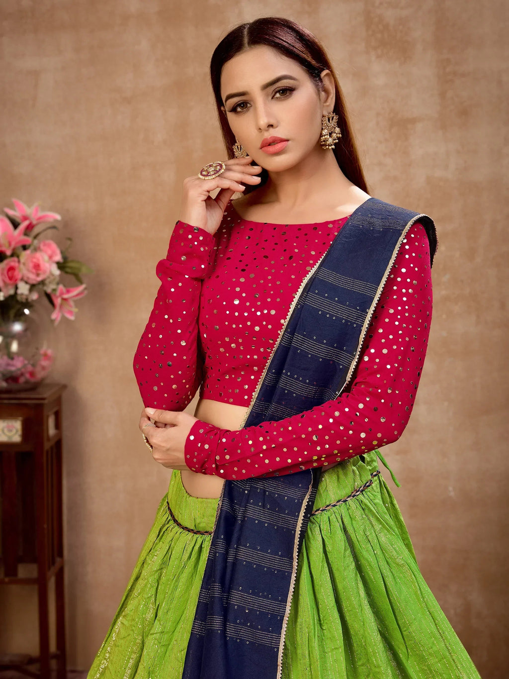 Charming Green Zari Work Cotton Party Wear Lehenga Choli With Dupatta