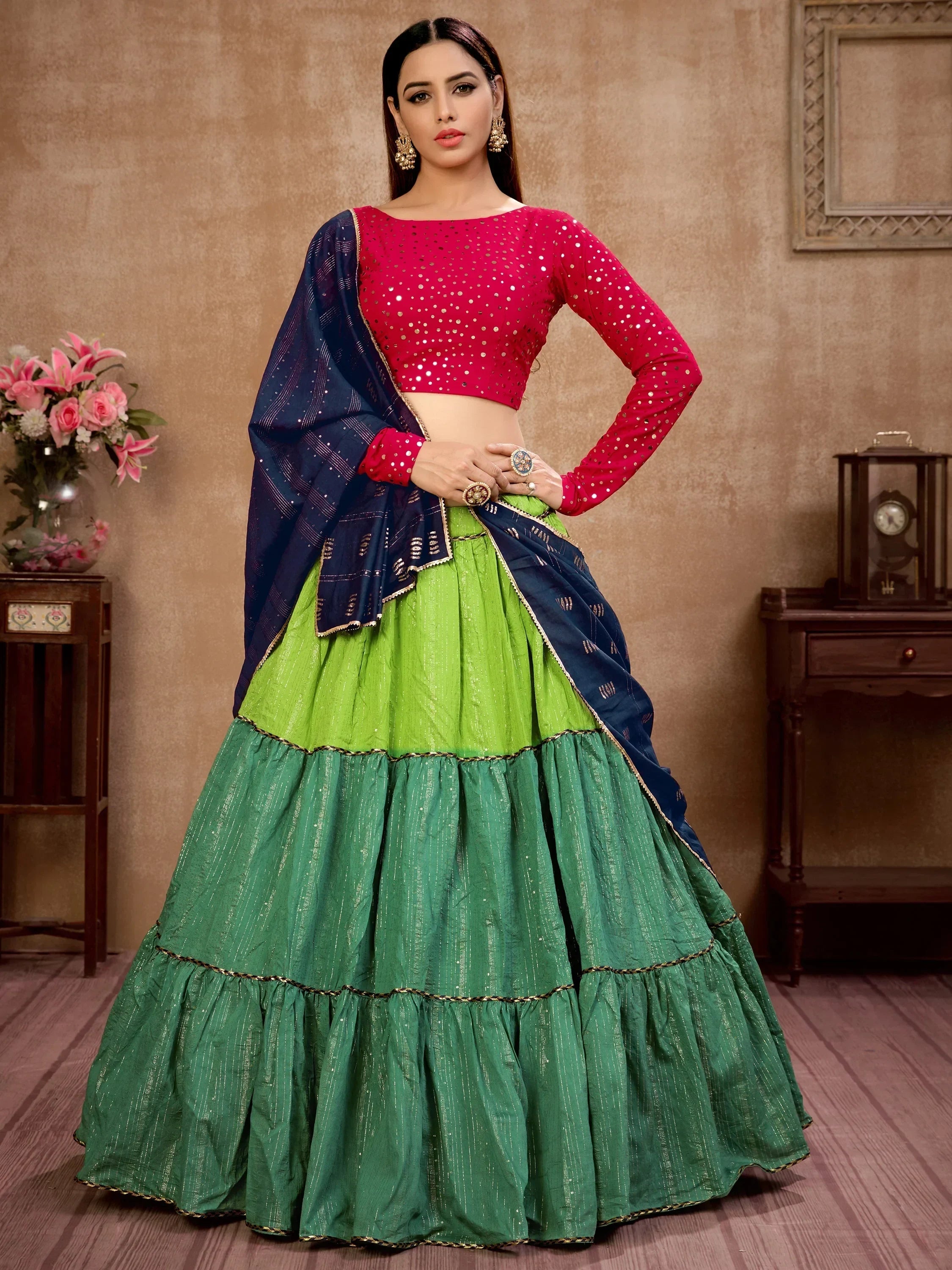 Charming Green Zari Work Cotton Party Wear Lehenga Choli With Dupatta