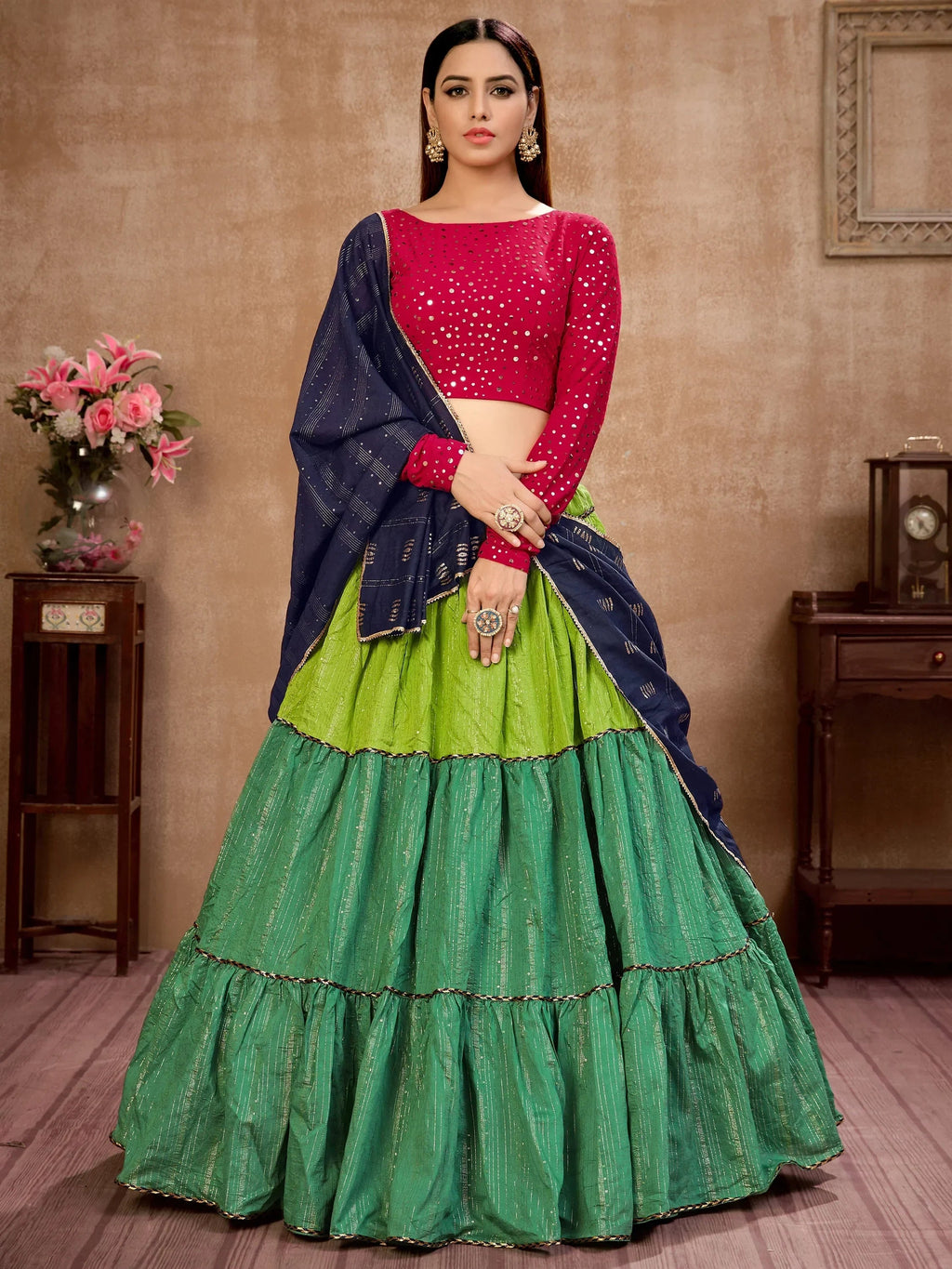 Charming Green Zari Work Cotton Party Wear Lehenga Choli With Dupatta