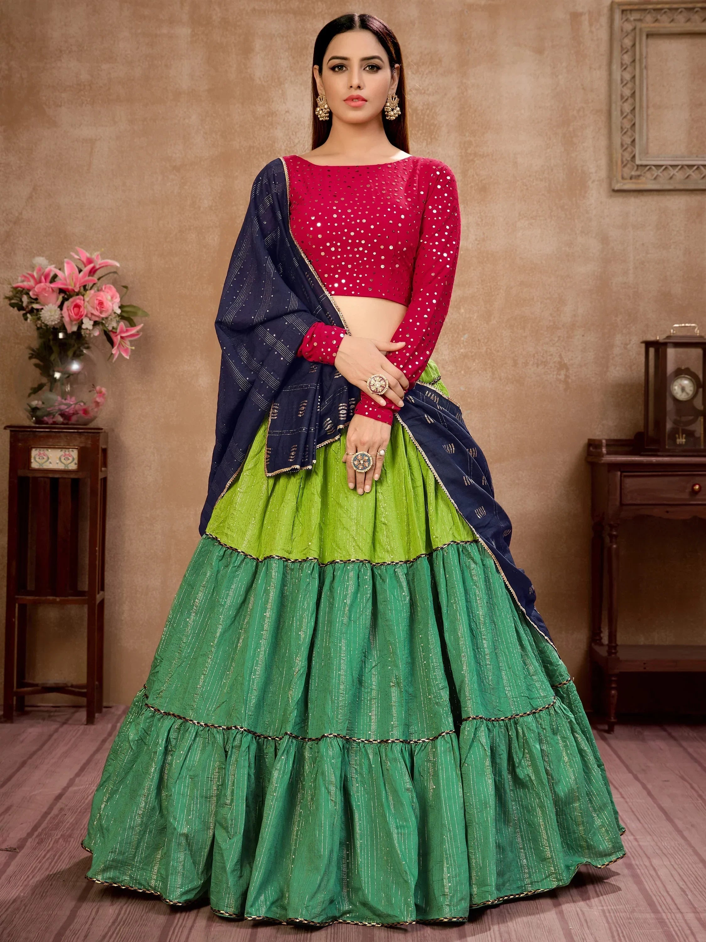 Charming Green Zari Work Cotton Party Wear Lehenga Choli With Dupatta