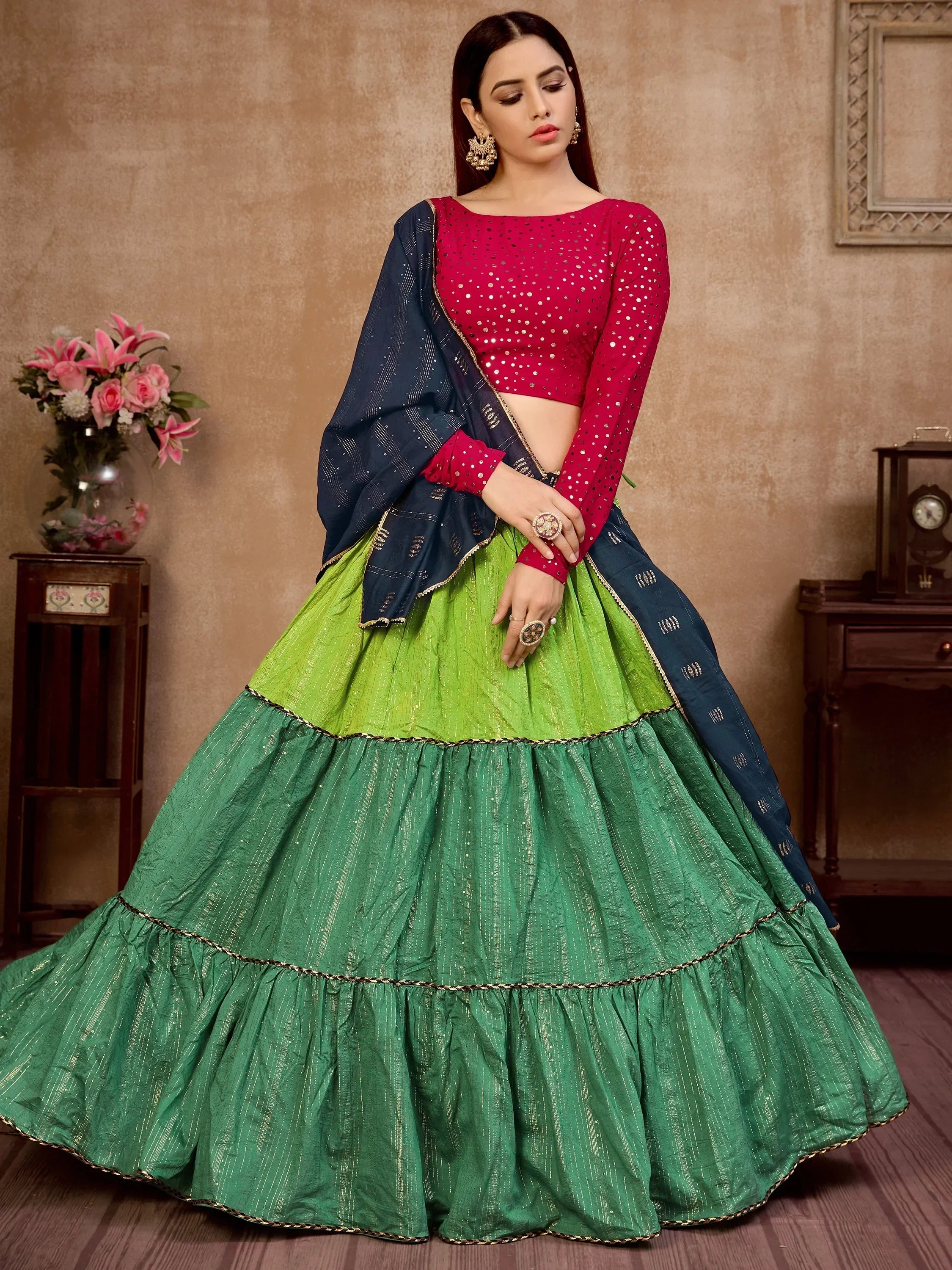 Charming Green Zari Work Cotton Party Wear Lehenga Choli With Dupatta