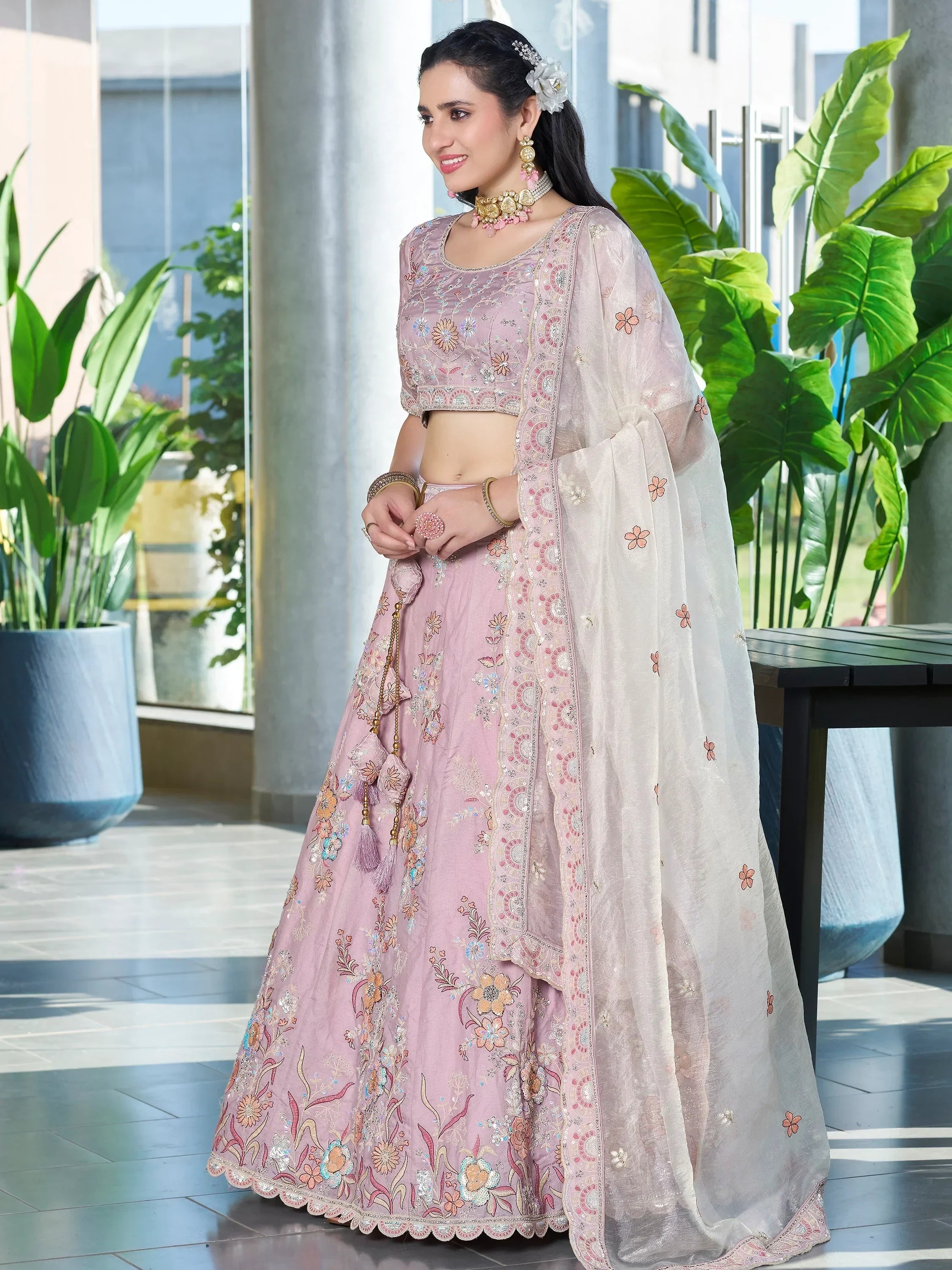 Charming Lavender Embroidered Silk Bridesmaid Lehenga Choli