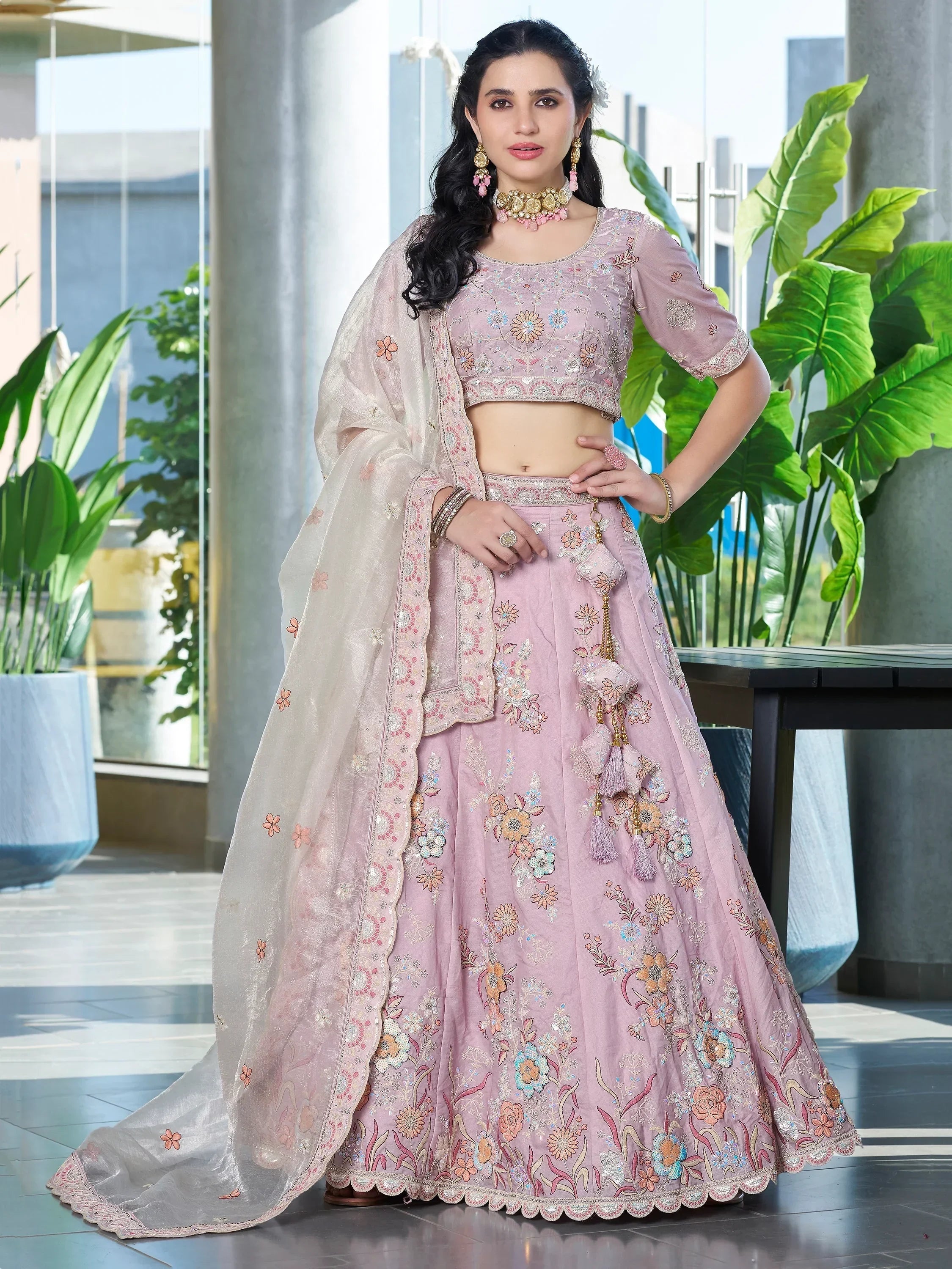 Charming Lavender Embroidered Silk Bridesmaid Lehenga Choli