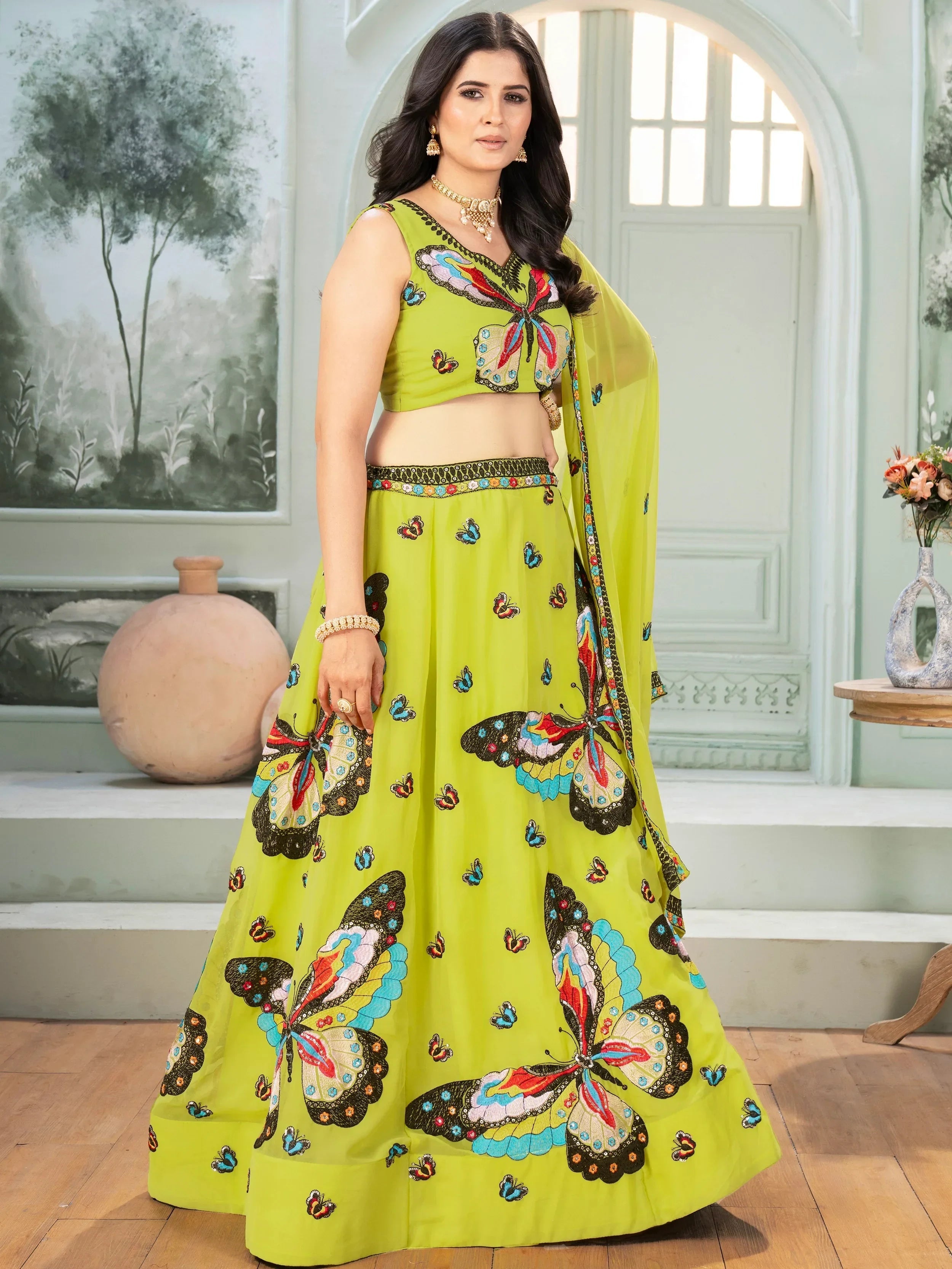 Charming Lime Green Georgette Embroidered Lehenga Choli