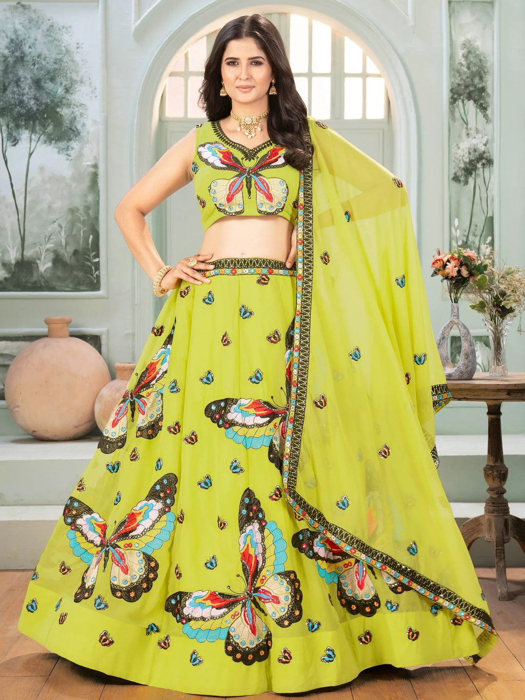 Charming Lime Green Georgette Embroidered Lehenga Choli