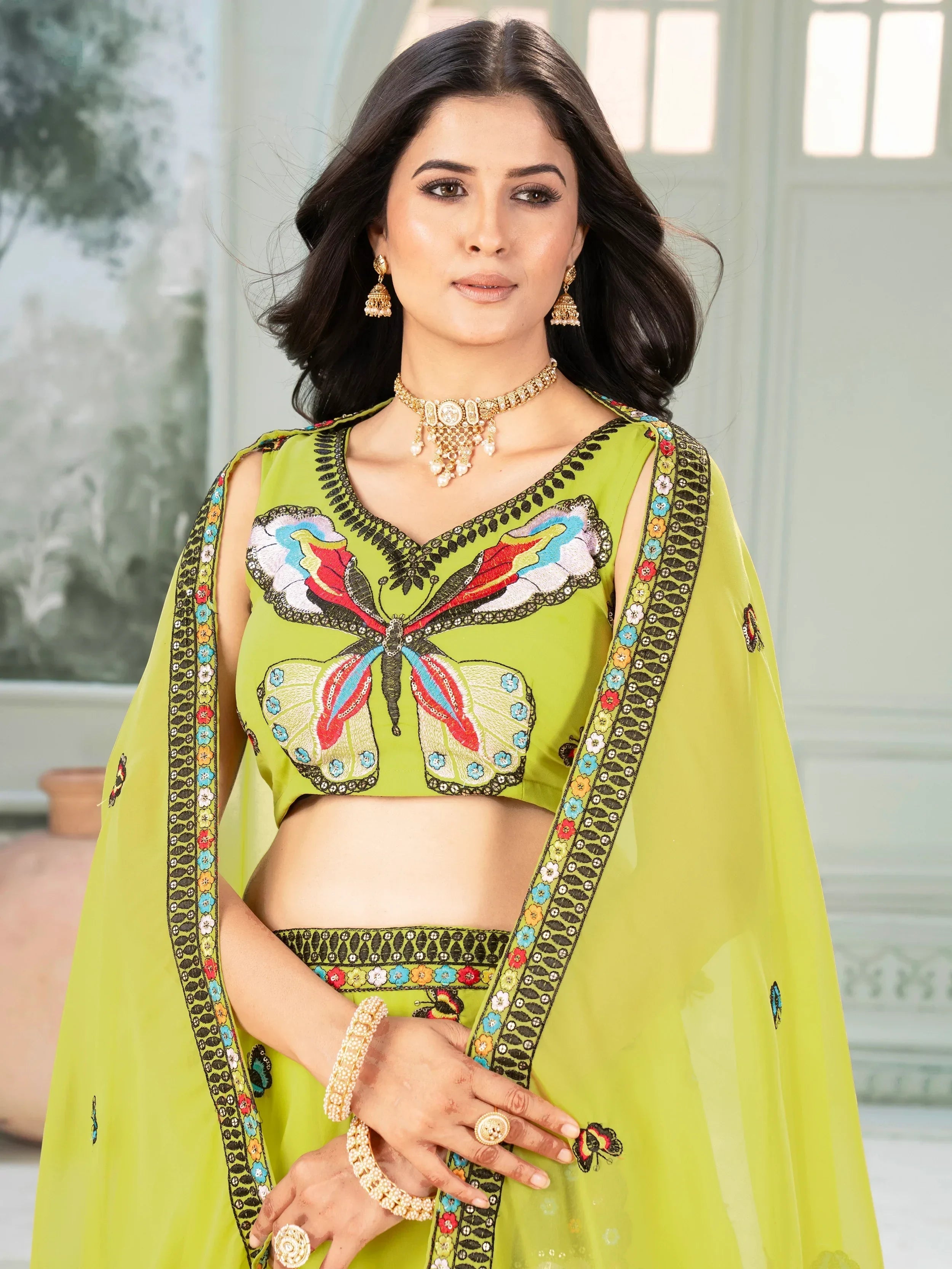 Charming Lime Green Georgette Embroidered Lehenga Choli