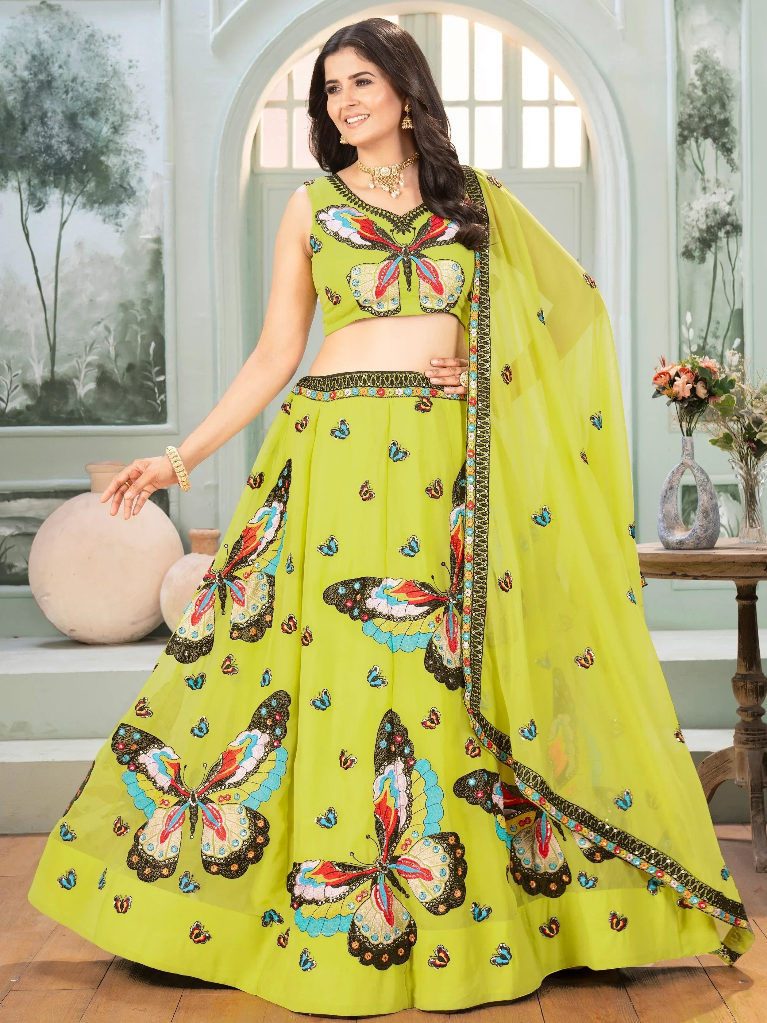 Charming Lime Green Georgette Embroidered Lehenga Choli