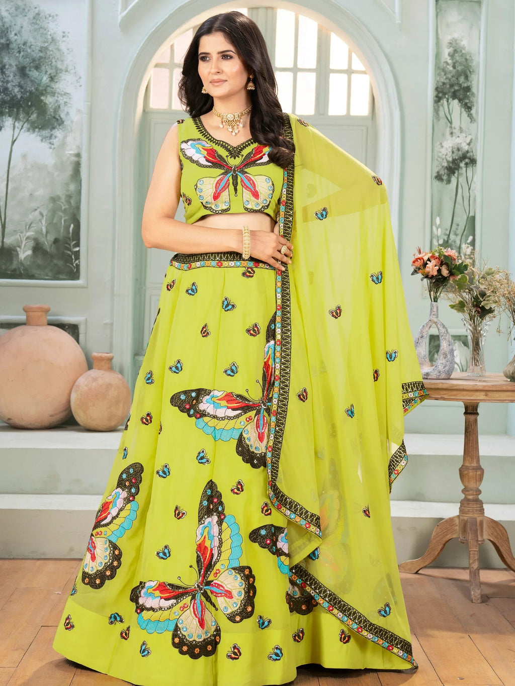 Charming Lime Green Georgette Embroidered Lehenga Choli