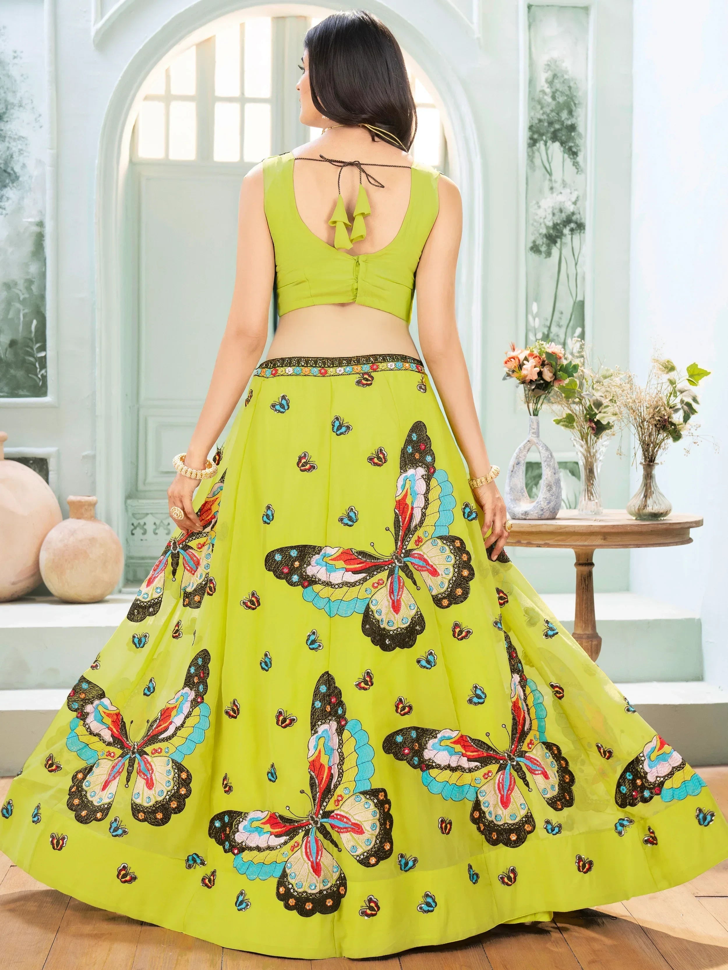 Charming Lime Green Georgette Embroidered Lehenga Choli