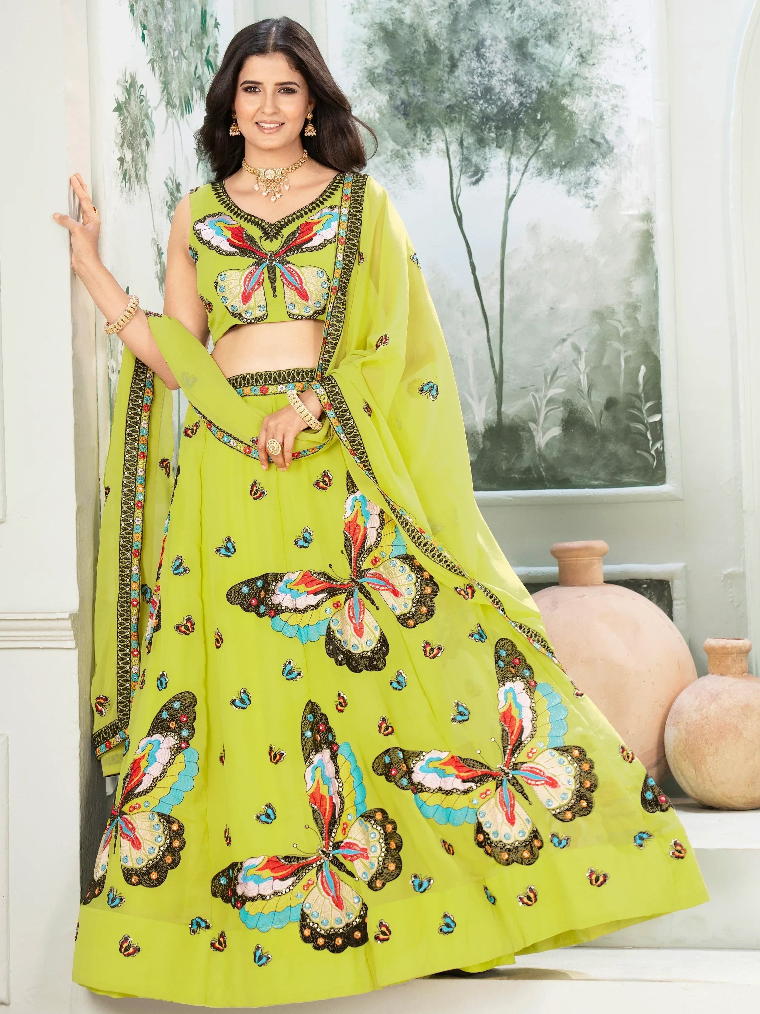 Charming Lime Green Georgette Embroidered Lehenga Choli