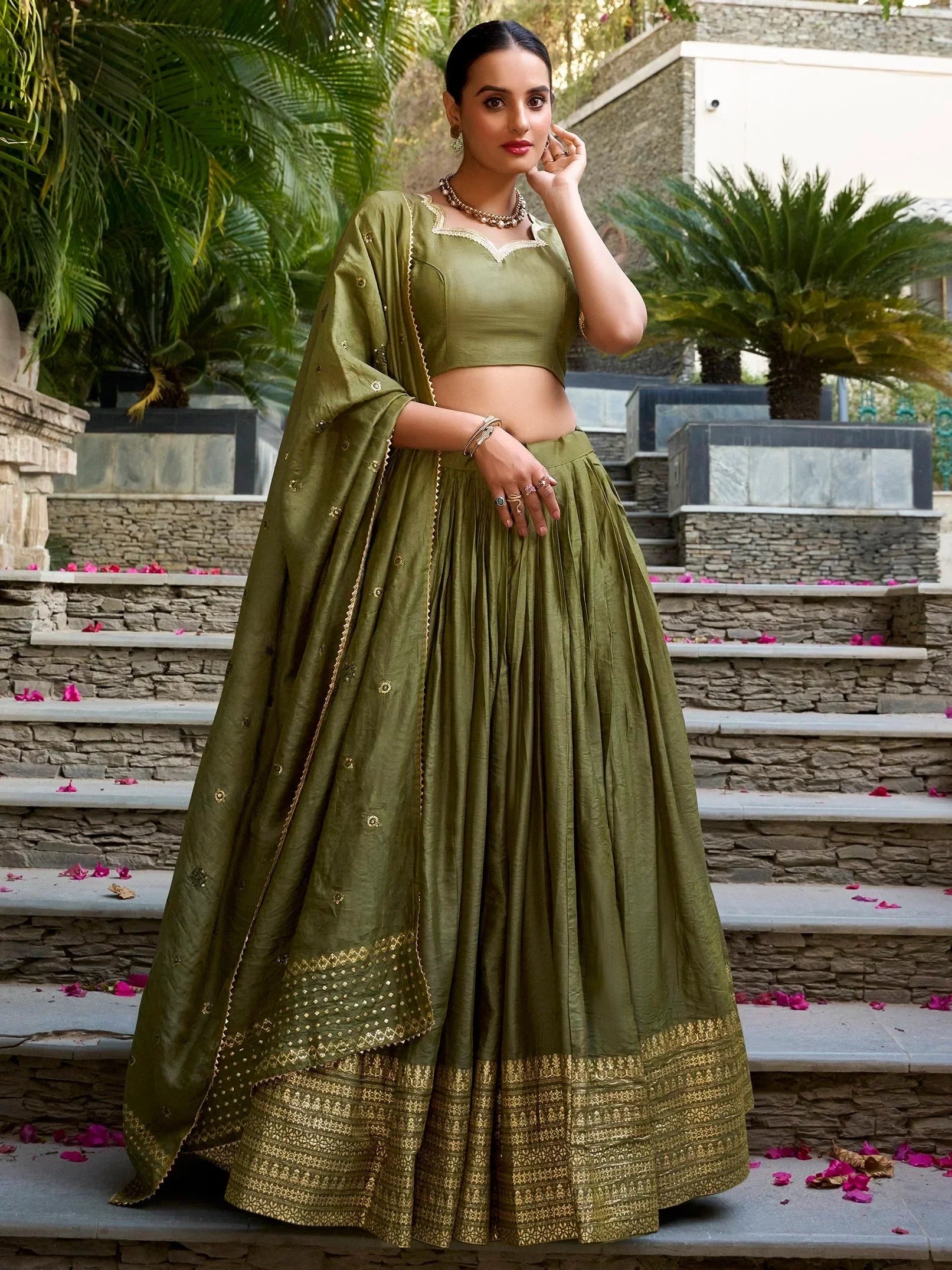 Green Awesome Zari Weaving Chanderi Silk Festive Wear Lehenga Choli