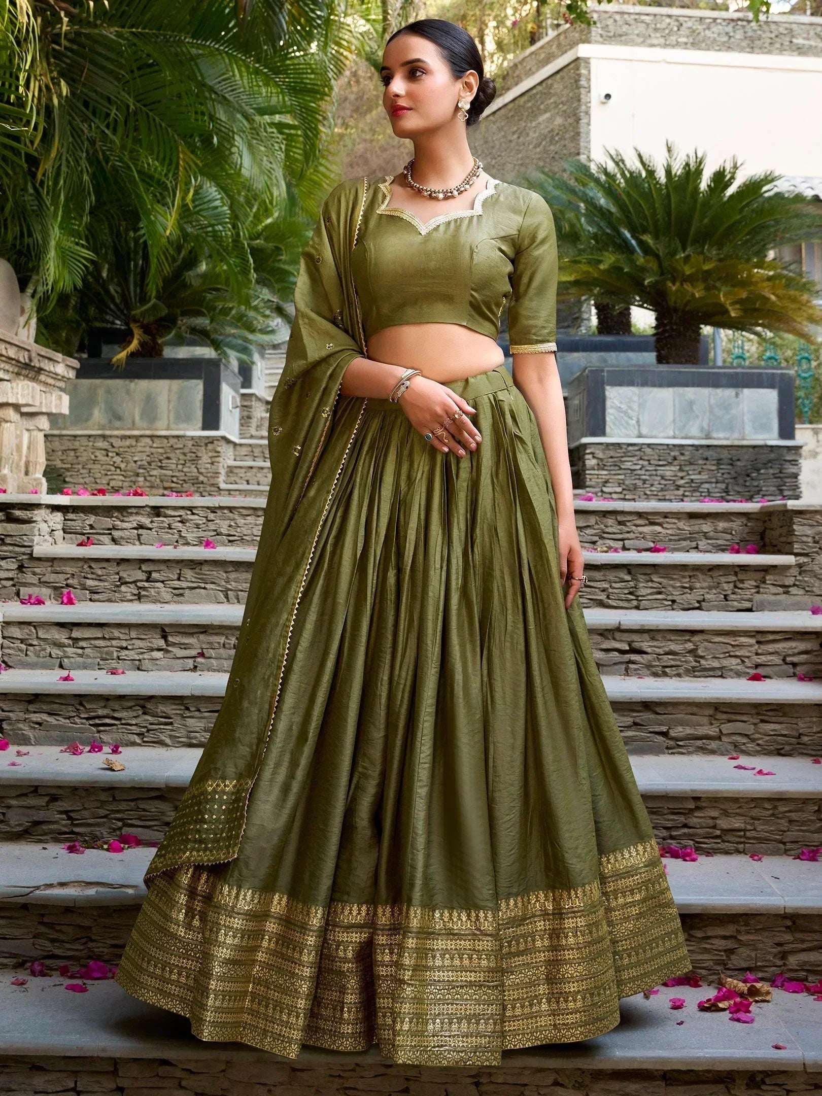 Green Awesome Zari Weaving Chanderi Silk Festive Wear Lehenga Choli