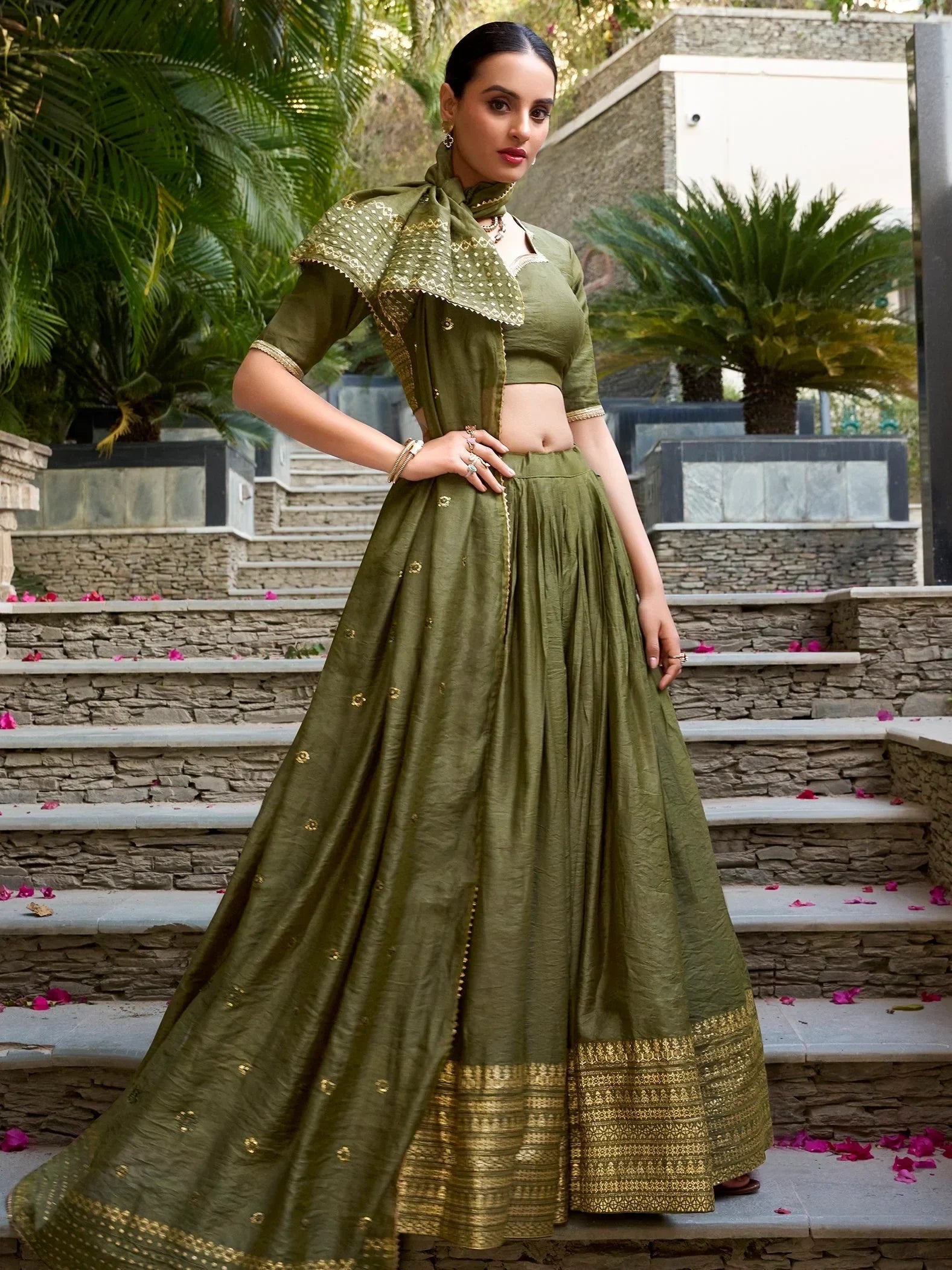 Green Awesome Zari Weaving Chanderi Silk Festive Wear Lehenga Choli