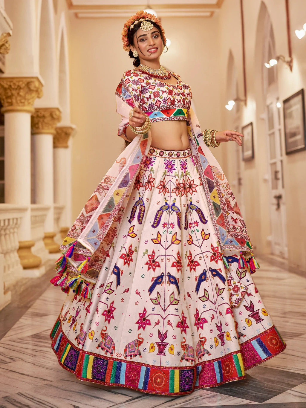 Charming Off-White Printed Art Silk Lehenga Choli With Dupatta