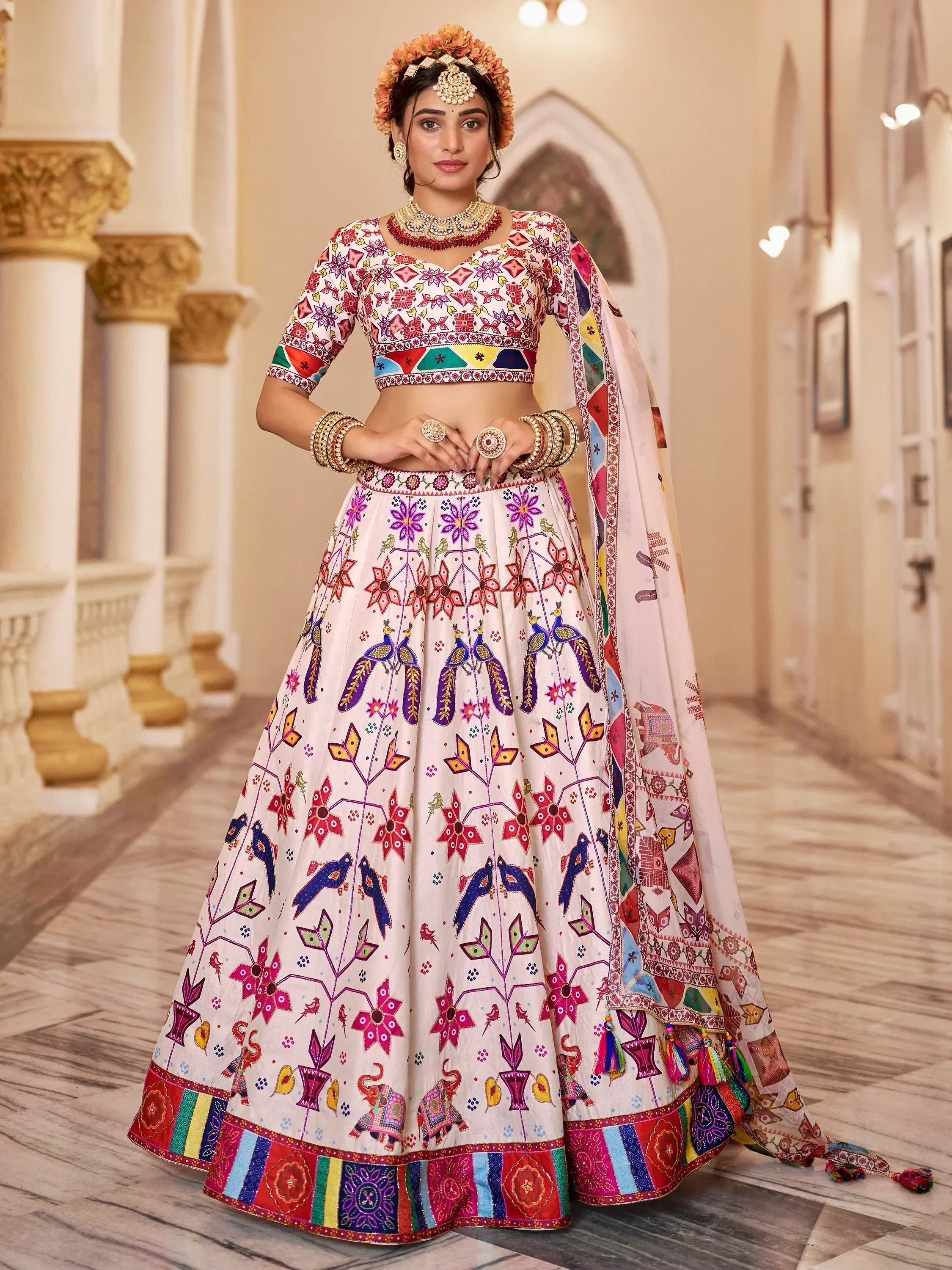 Charming Off-White Printed Art Silk Lehenga Choli With Dupatta