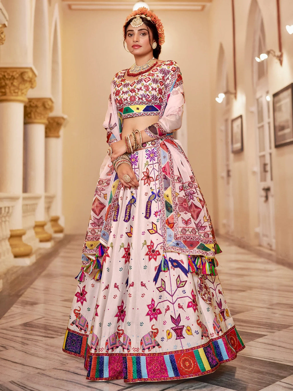 Charming Off-White Printed Art Silk Lehenga Choli With Dupatta