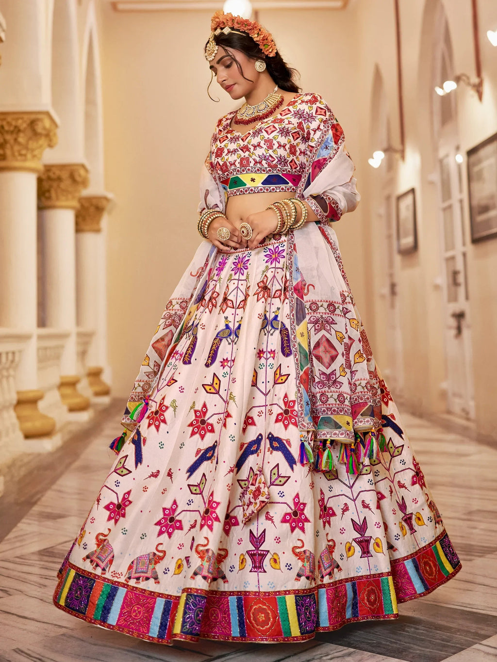 Charming Off-White Printed Art Silk Lehenga Choli With Dupatta