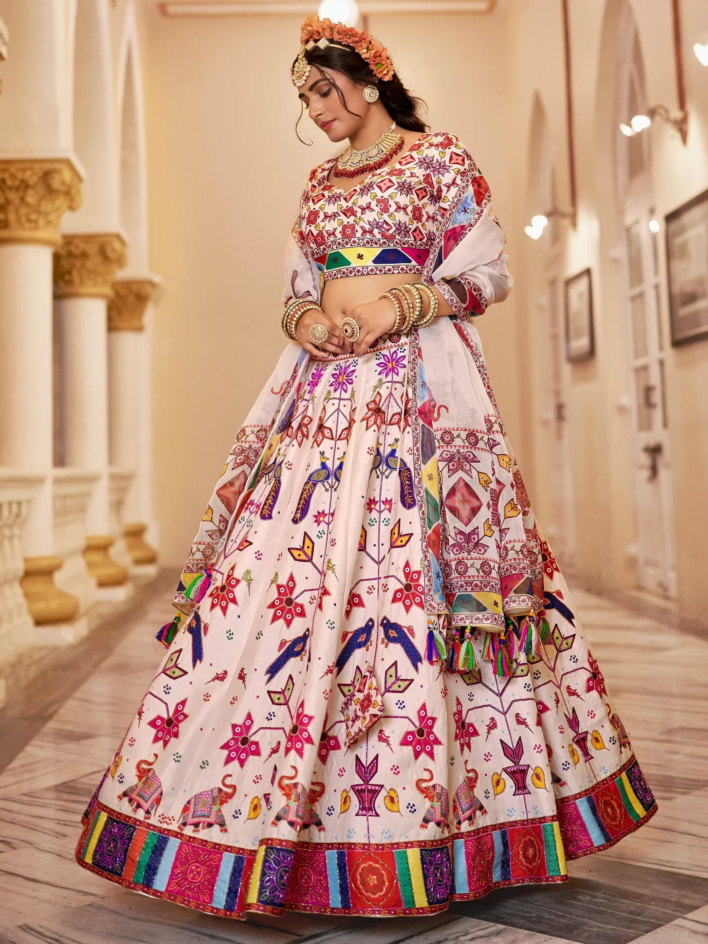 Charming Off-White Printed Art Silk Lehenga Choli With Dupatta