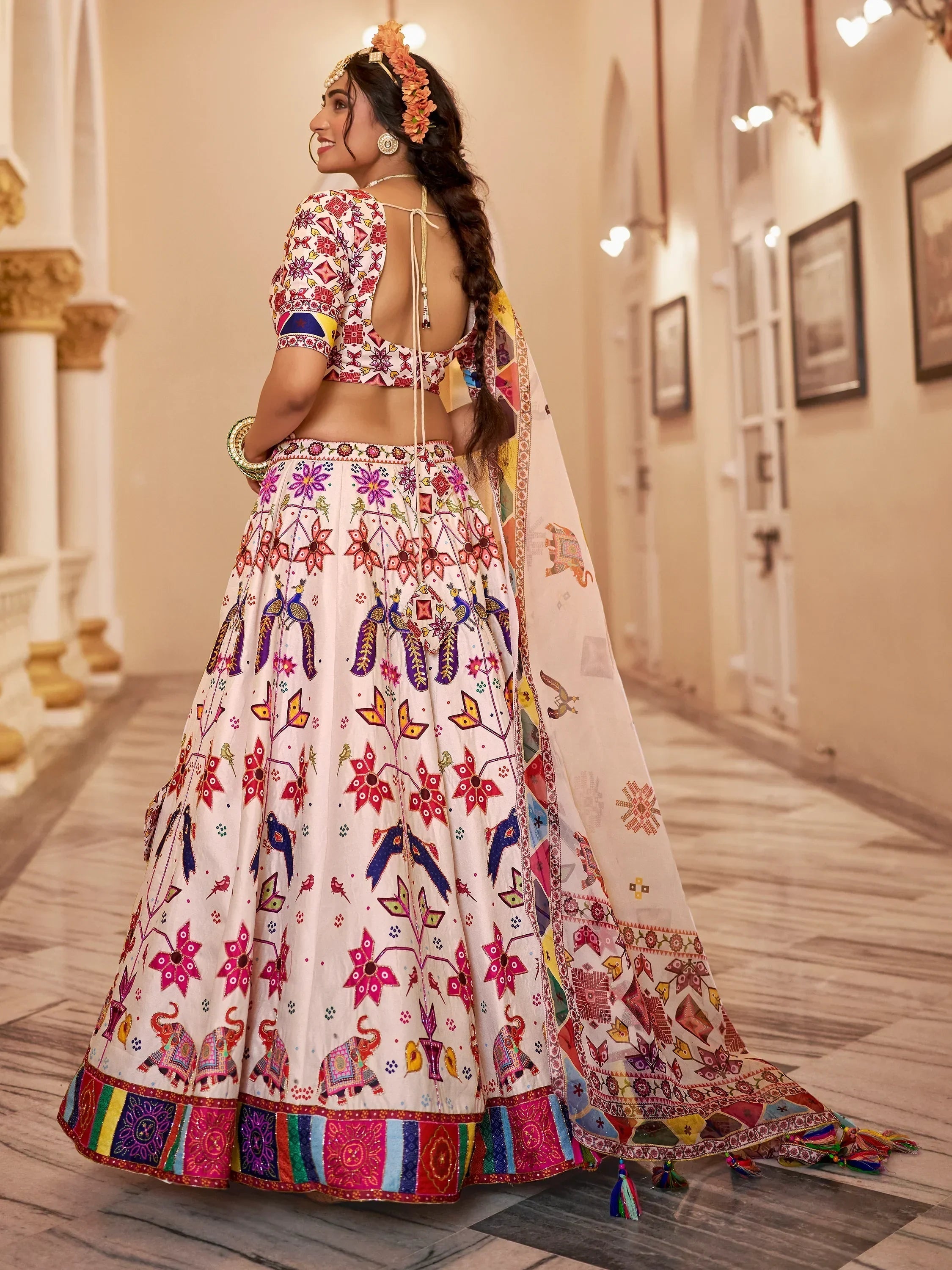 Charming Off-White Printed Art Silk Lehenga Choli With Dupatta