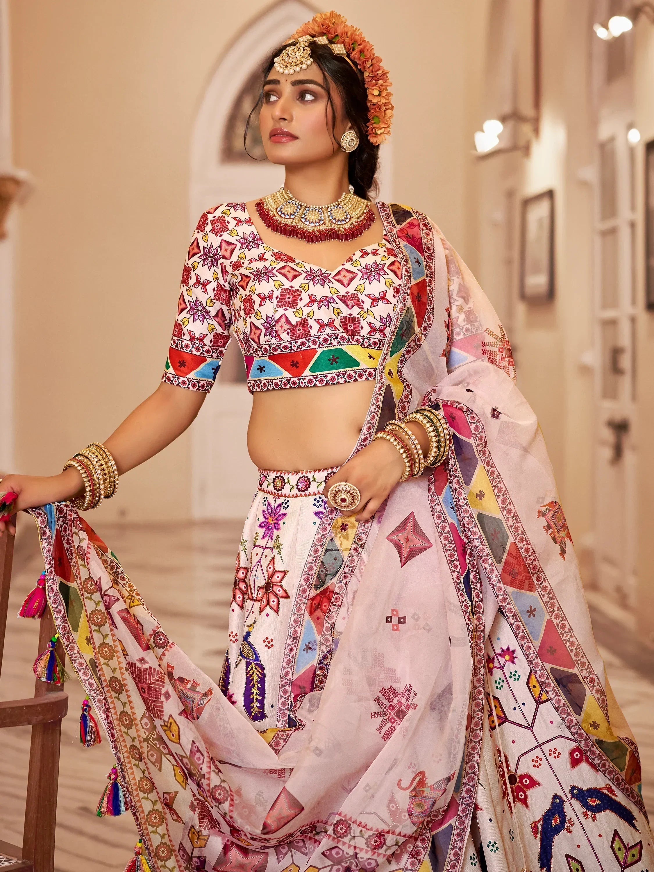 Charming Off-White Printed Art Silk Lehenga Choli With Dupatta