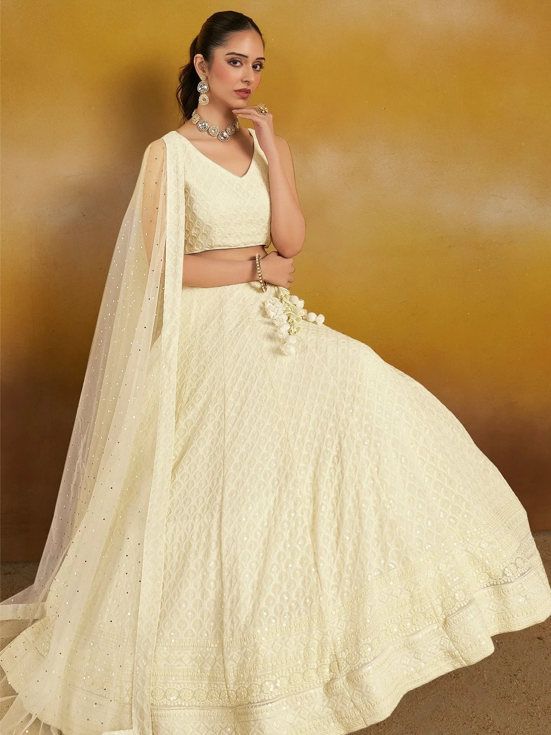 Charming Off-White Sequins Georgette Festive Wear Lehenga Choli