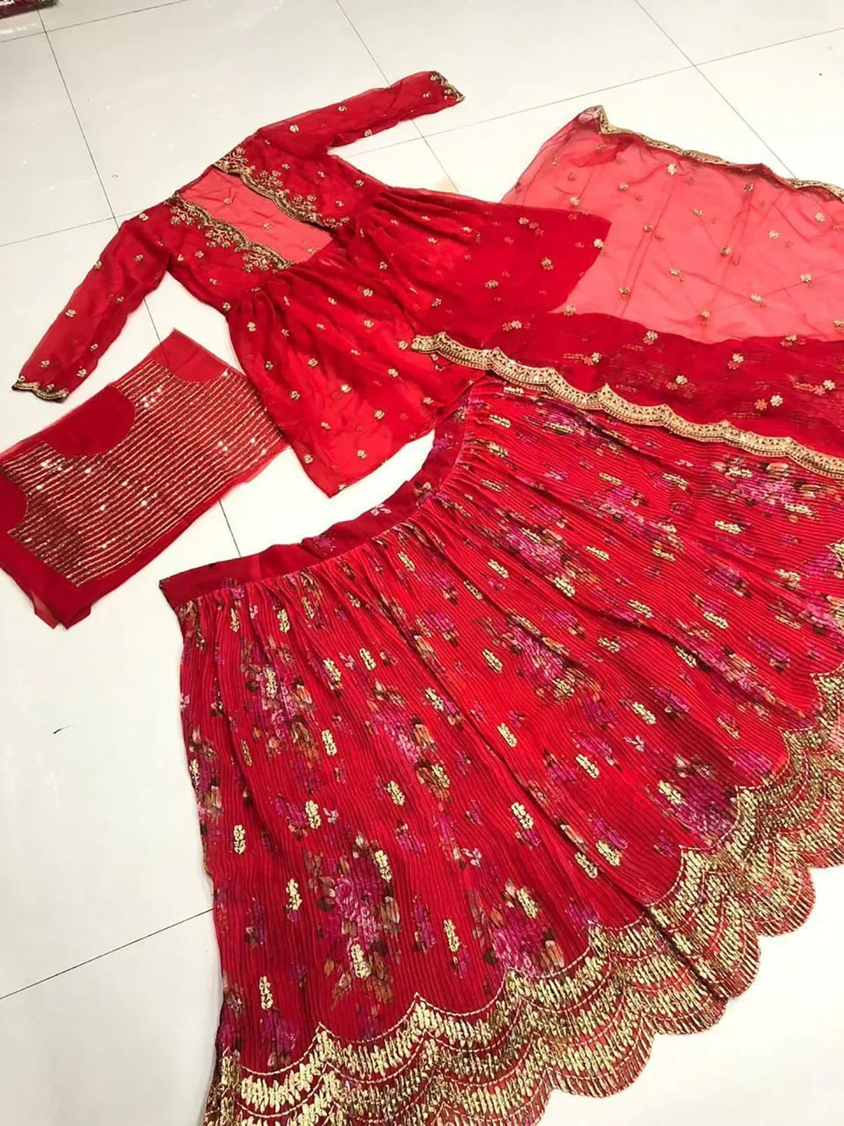 Red Attractive Printed Georgette Silk Party Wear Lehenga Choli