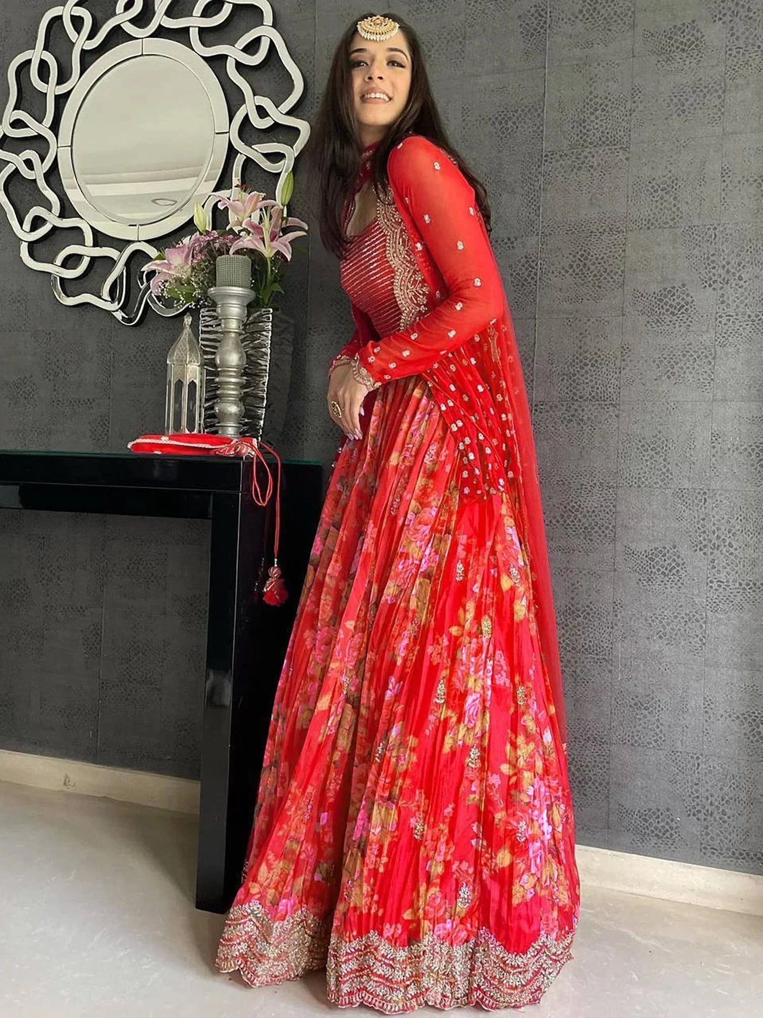 Red Attractive Printed Georgette Silk Party Wear Lehenga Choli