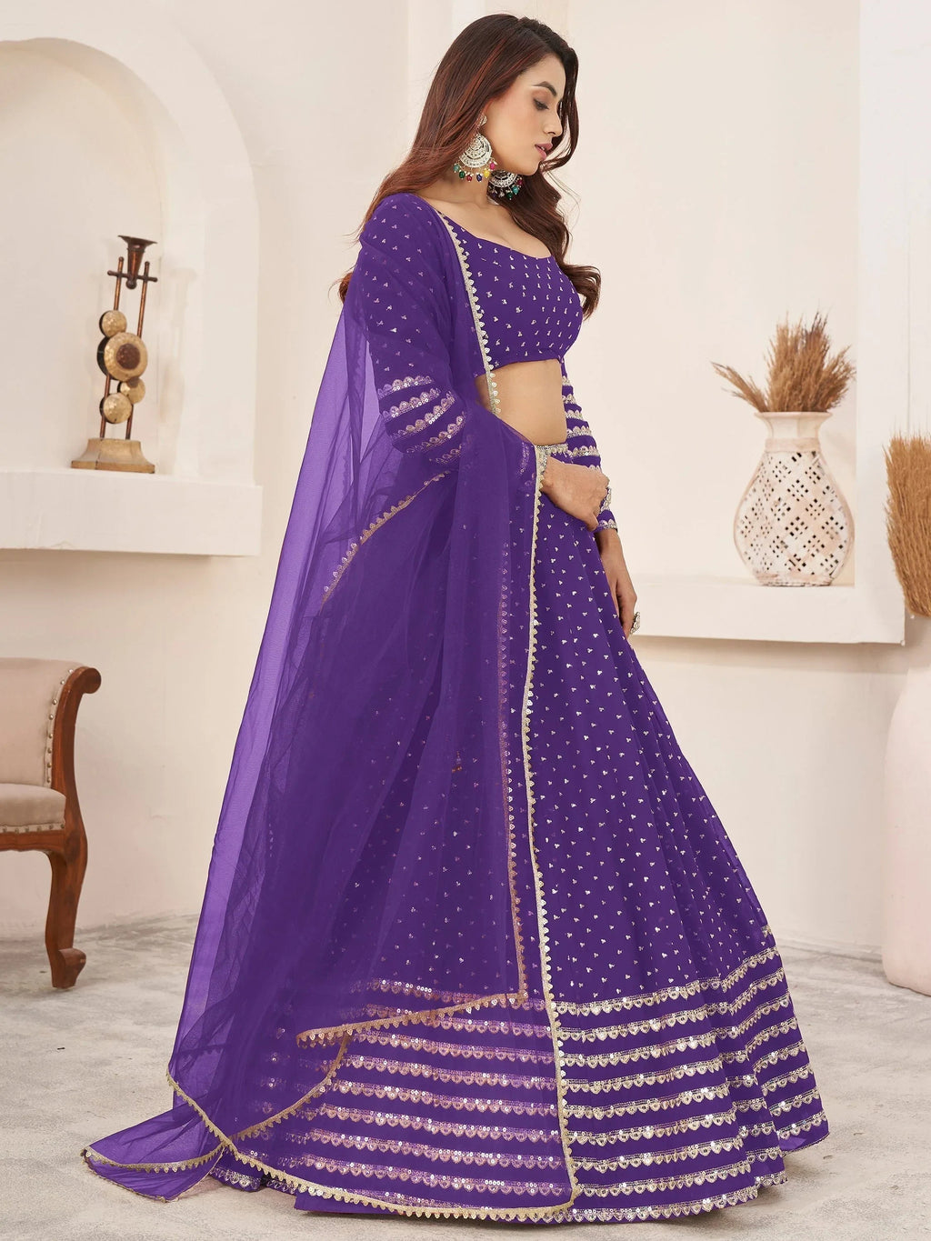 Charming Violet Sequins Work Georgette Wedding Wear Lehenga Choli