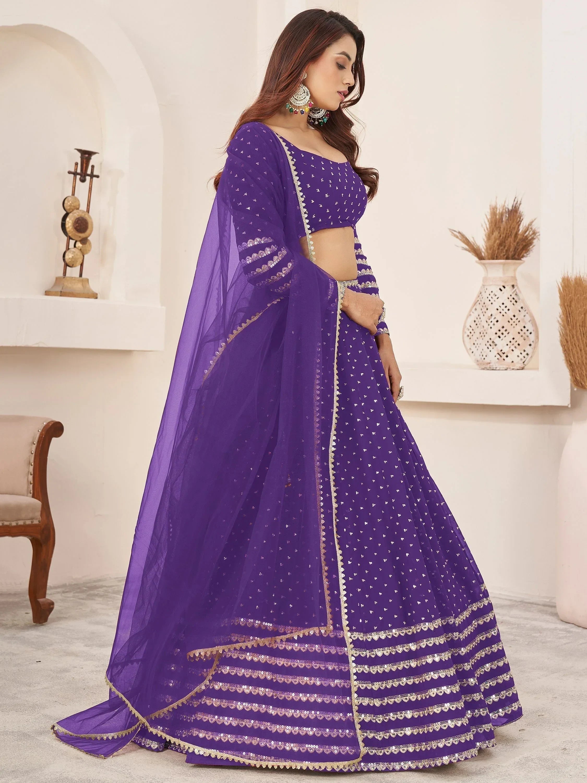 Charming Violet Sequins Work Georgette Wedding Wear Lehenga Choli