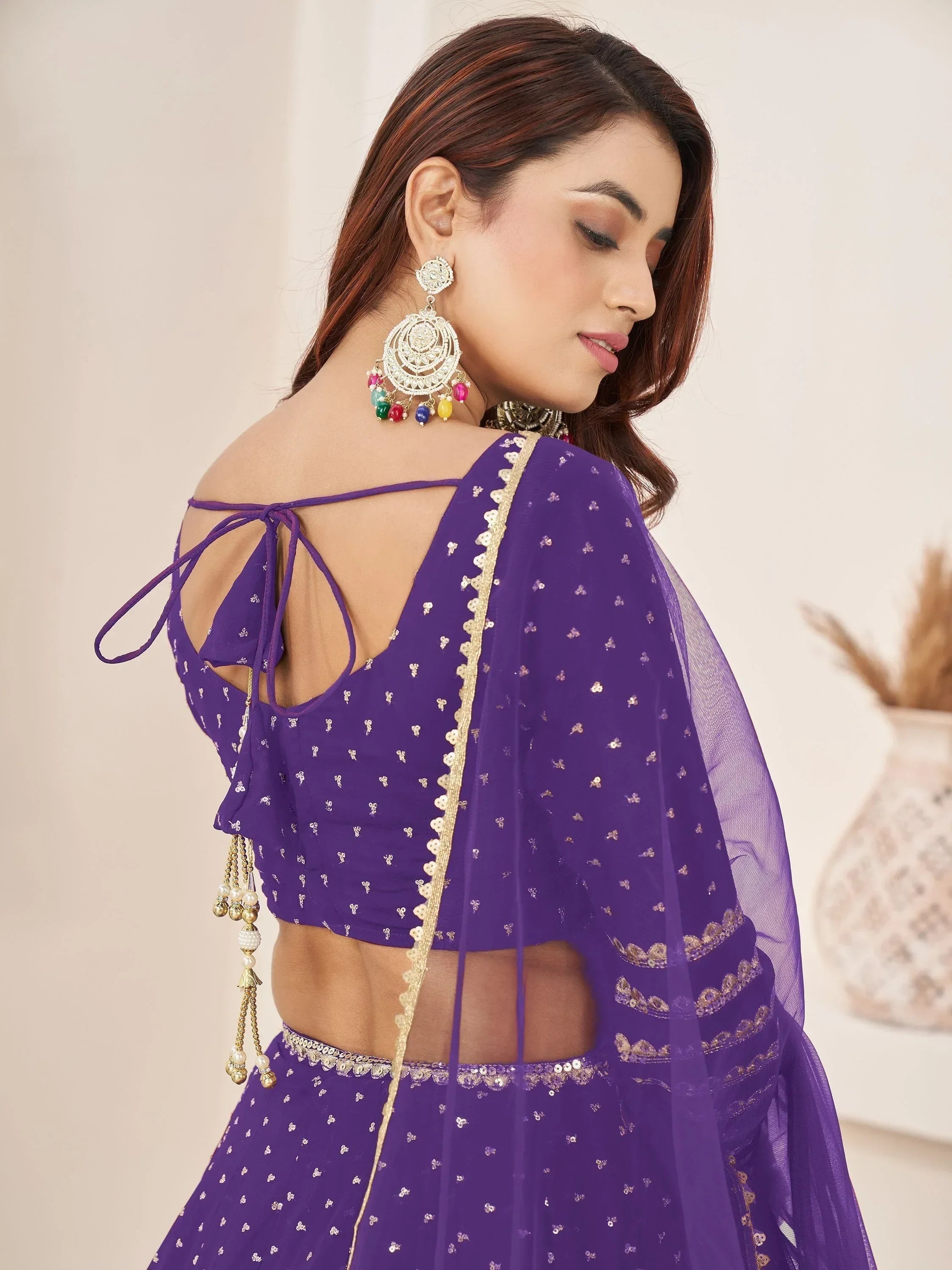 Charming Violet Sequins Work Georgette Wedding Wear Lehenga Choli