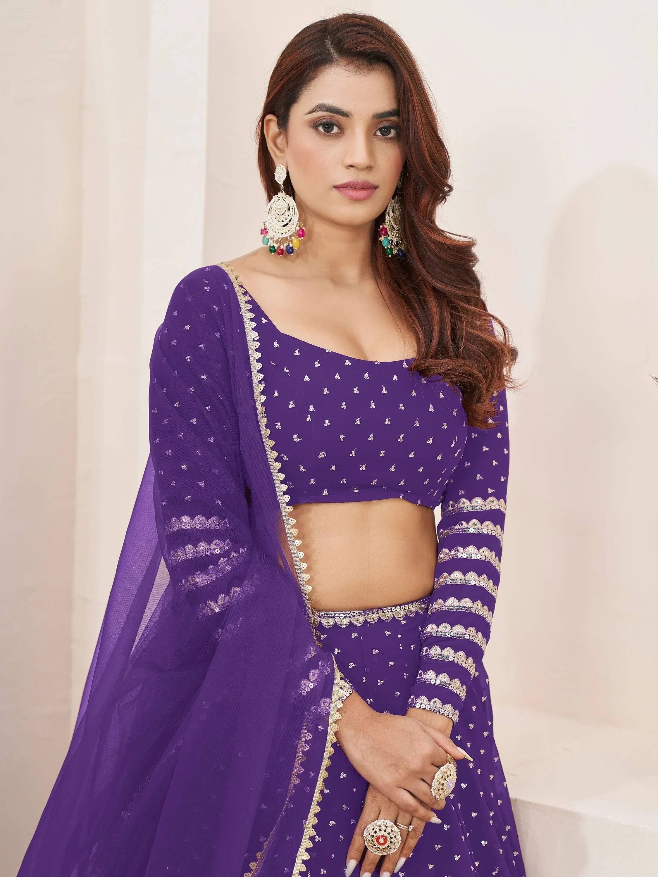 Charming Violet Sequins Work Georgette Wedding Wear Lehenga Choli