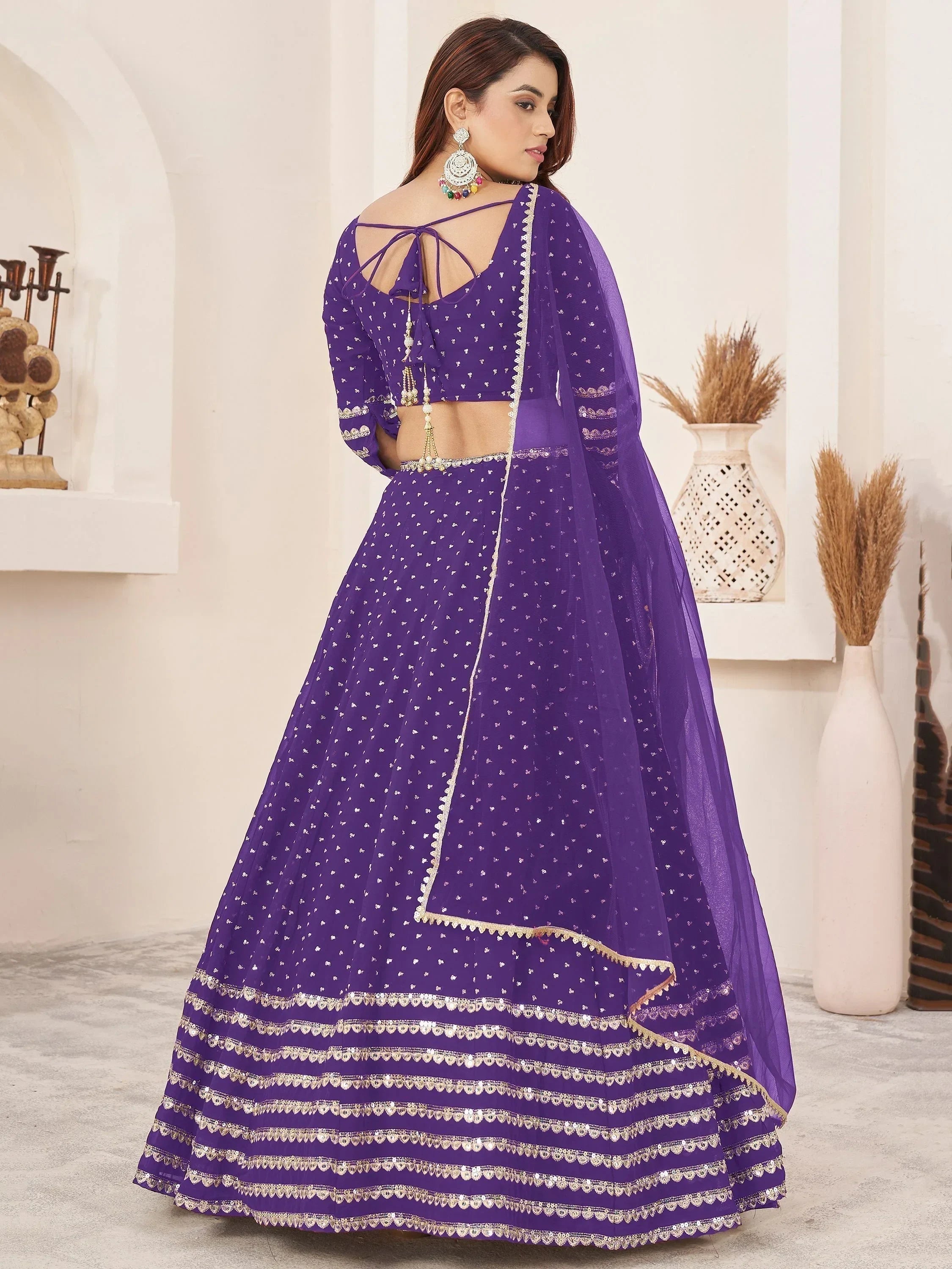 Charming Violet Sequins Work Georgette Wedding Wear Lehenga Choli