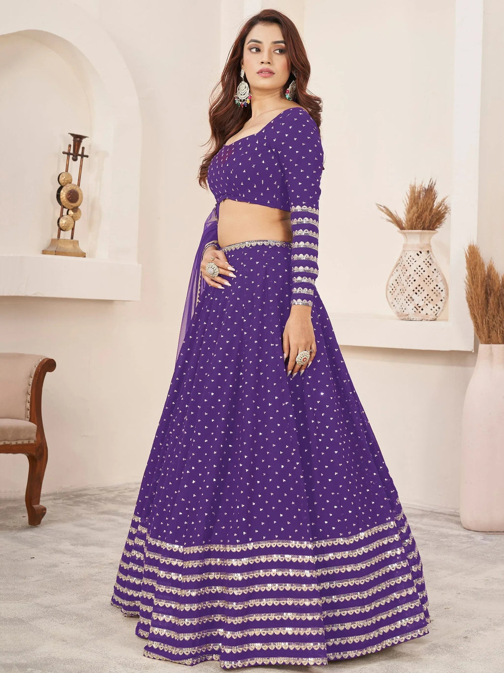Charming Violet Sequins Work Georgette Wedding Wear Lehenga Choli