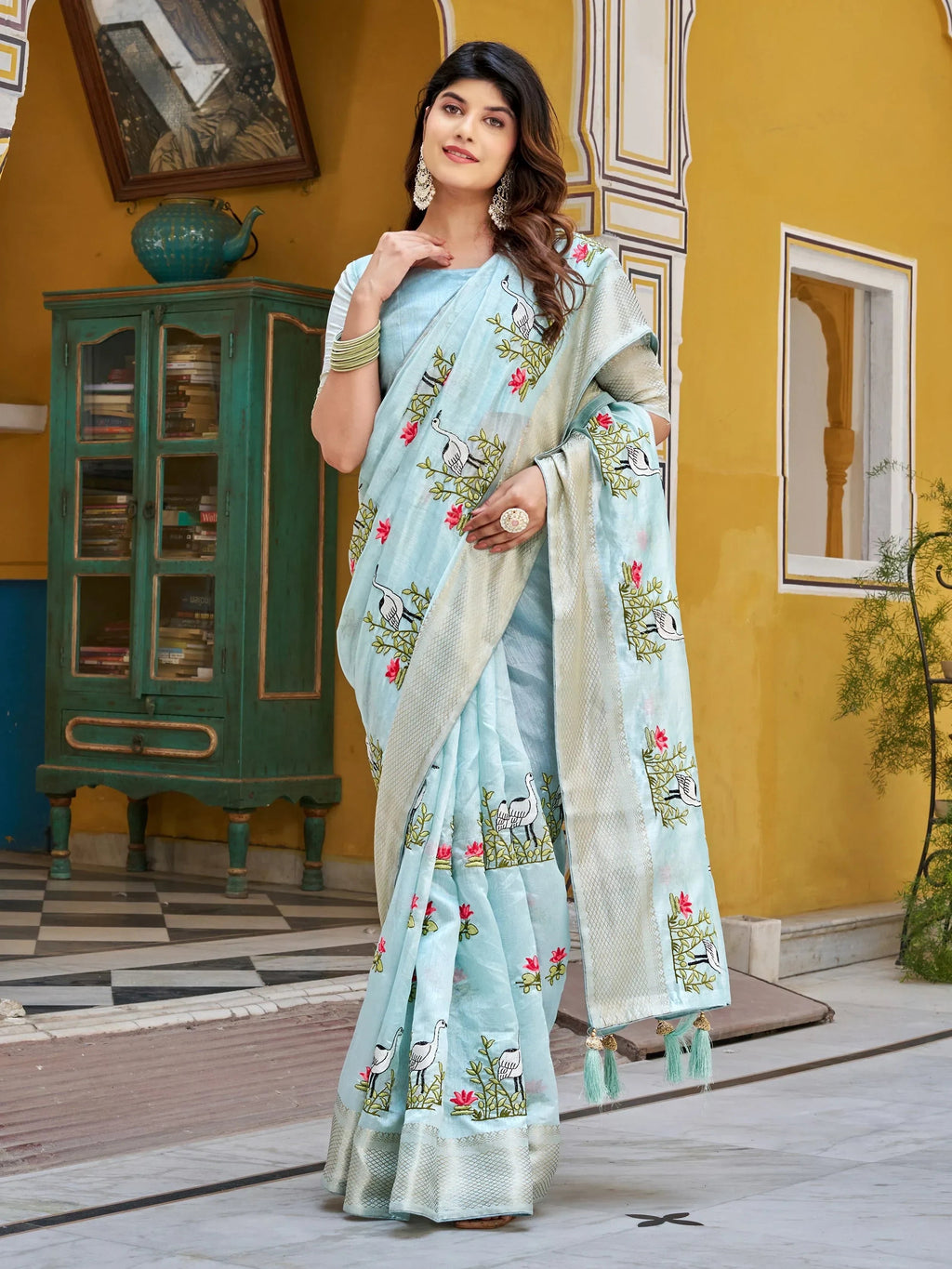 Blue Precious Silk Thread Embroidered Traditional Saree With Blouse