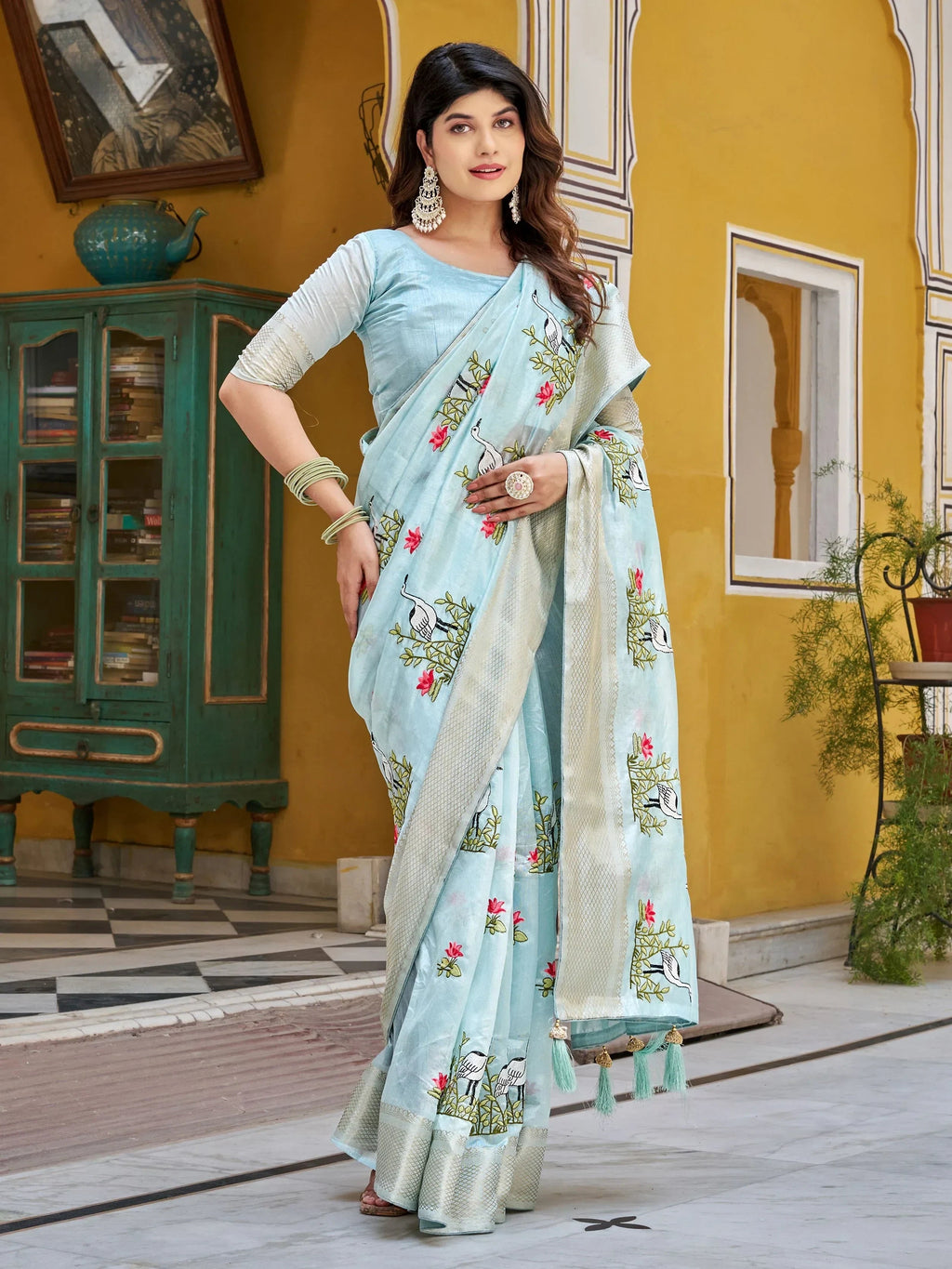 Blue Precious Silk Thread Embroidered Traditional Saree With Blouse