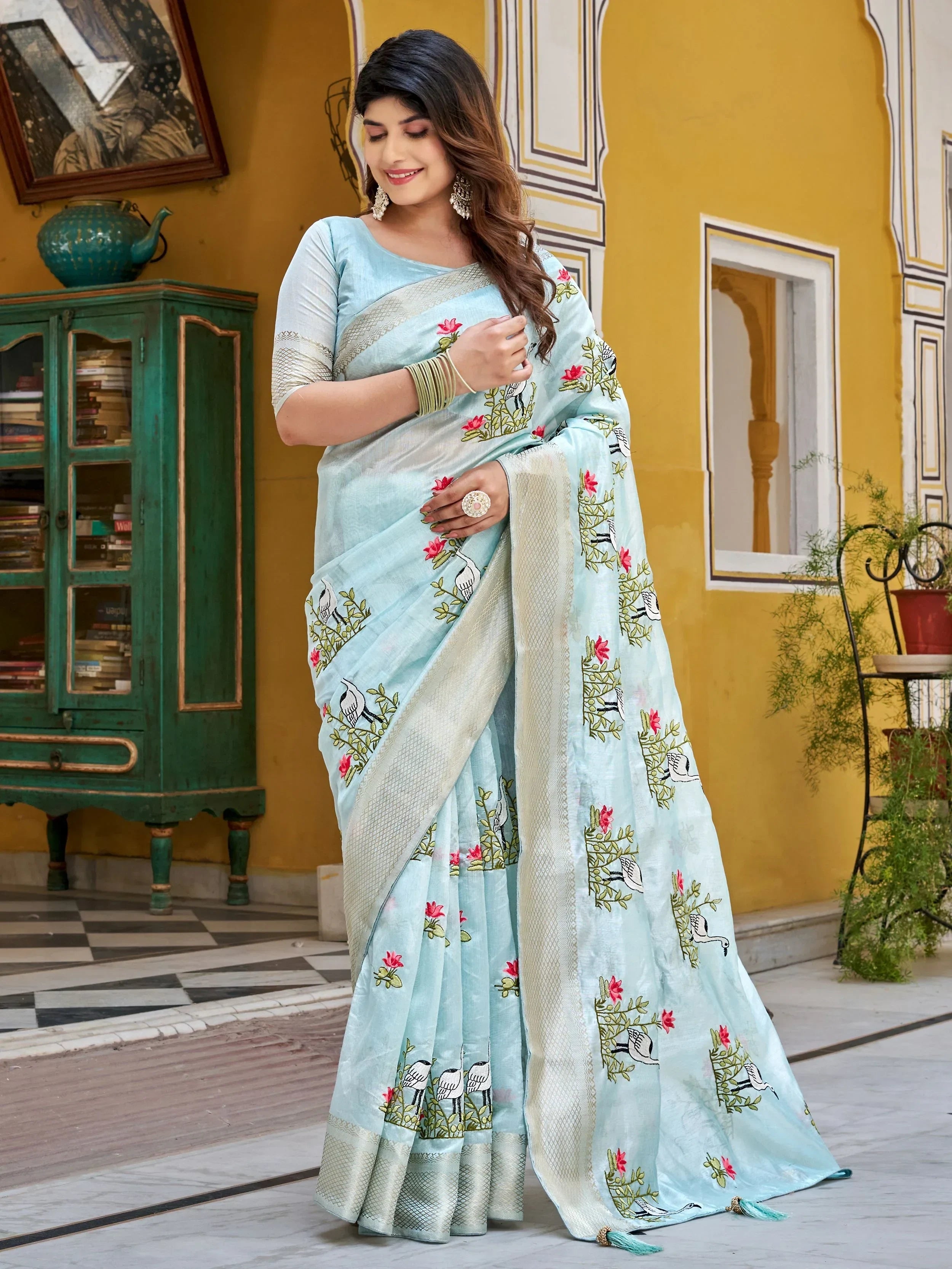 Blue Precious Silk Thread Embroidered Traditional Saree With Blouse