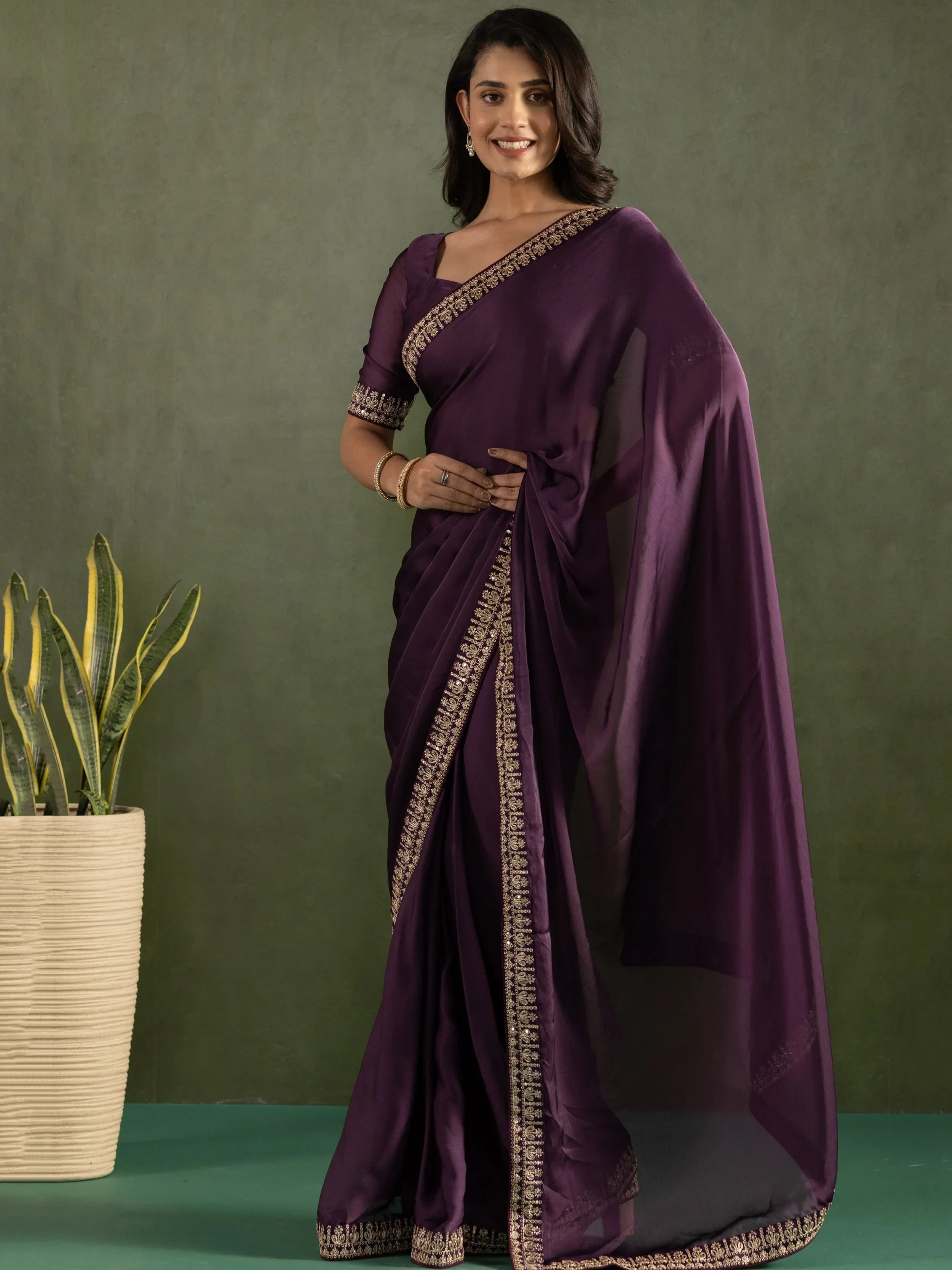 Purple Majestic Bordered Chiffon One Minute Saree With Blouse