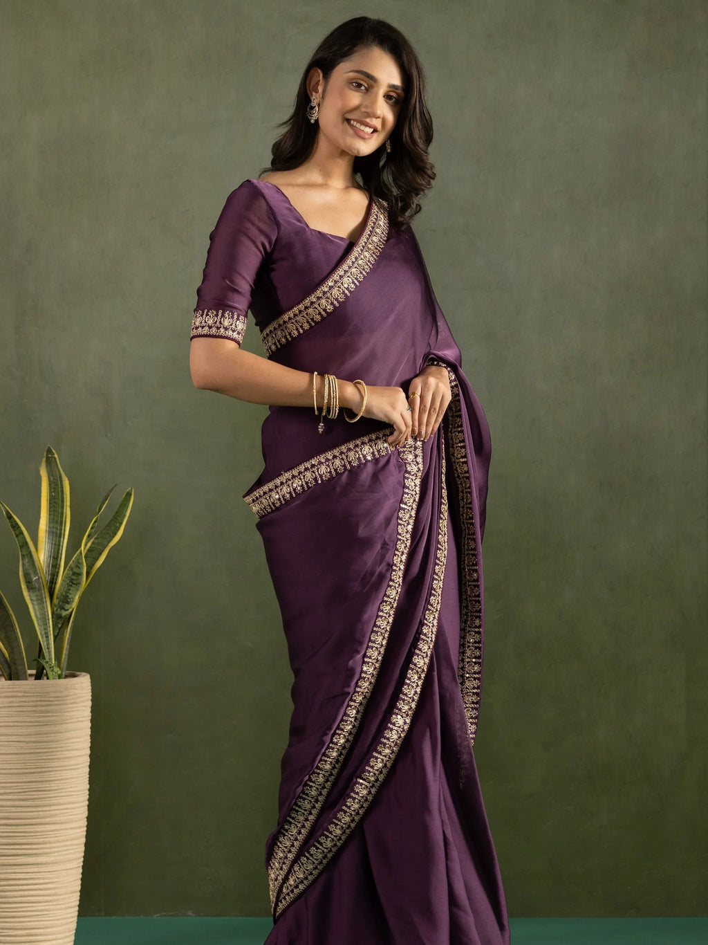 Purple Majestic Bordered Chiffon One Minute Saree With Blouse