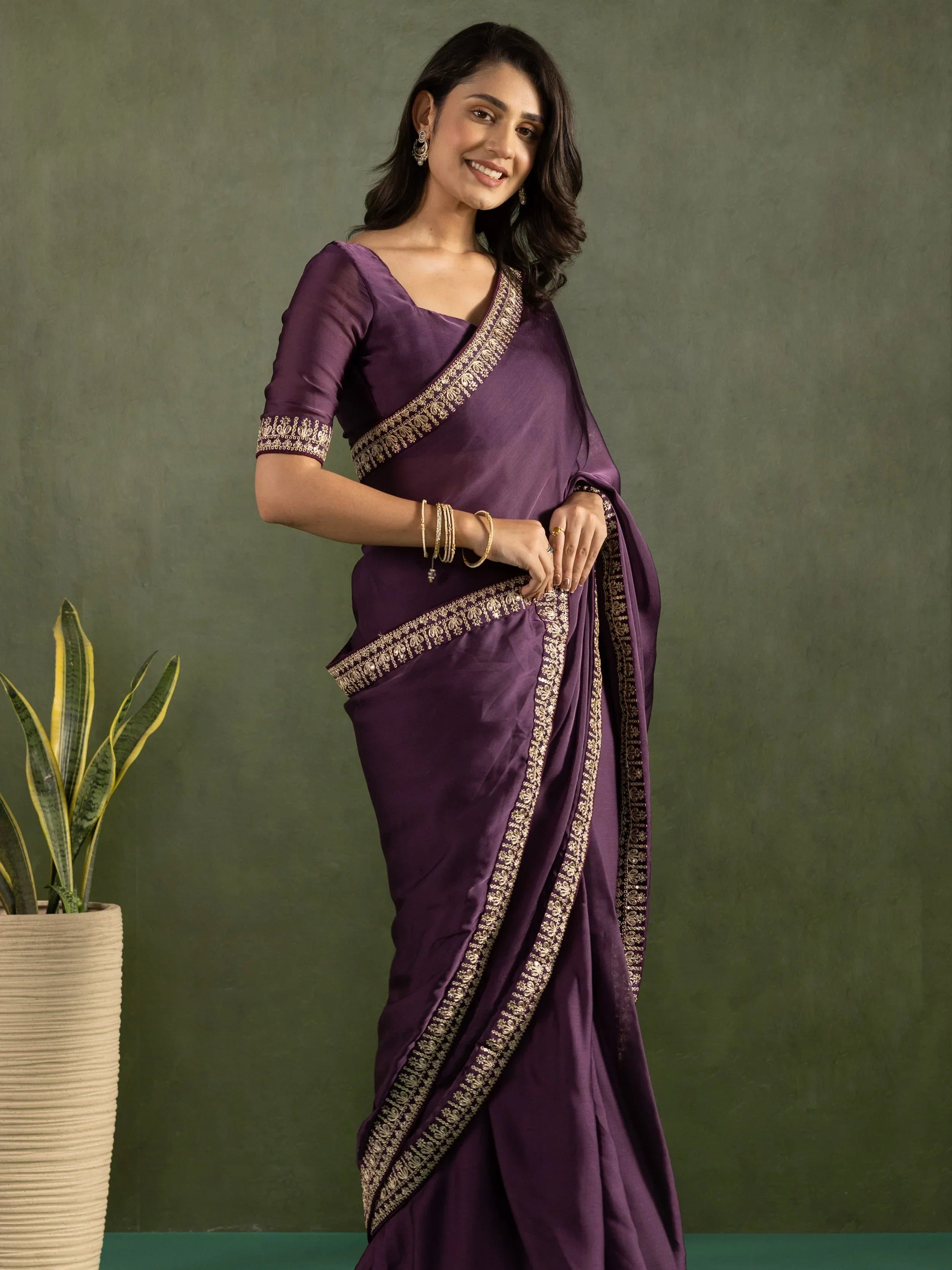 Purple Majestic Bordered Chiffon One Minute Saree With Blouse