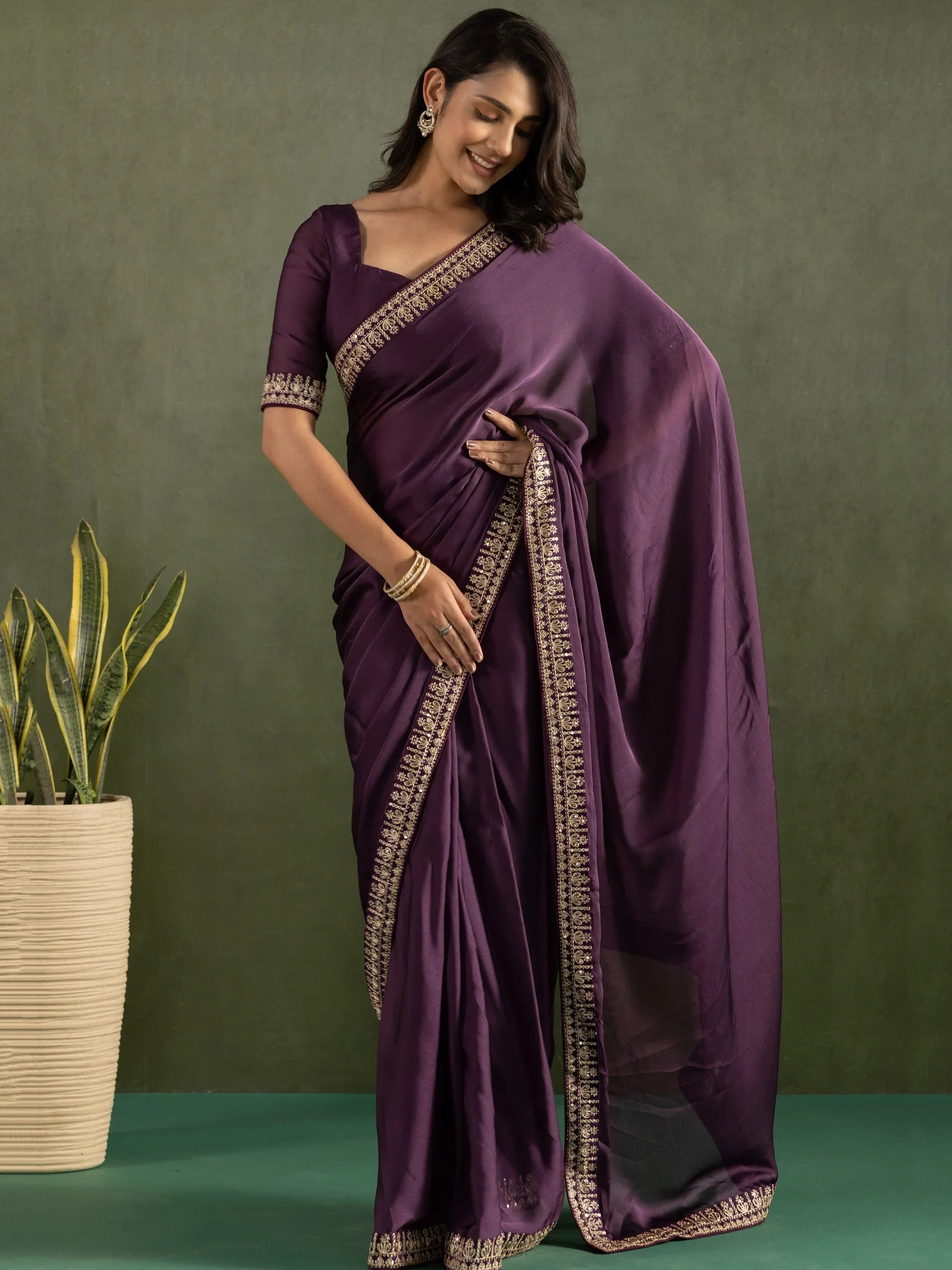 Purple Majestic Bordered Chiffon One Minute Saree With Blouse