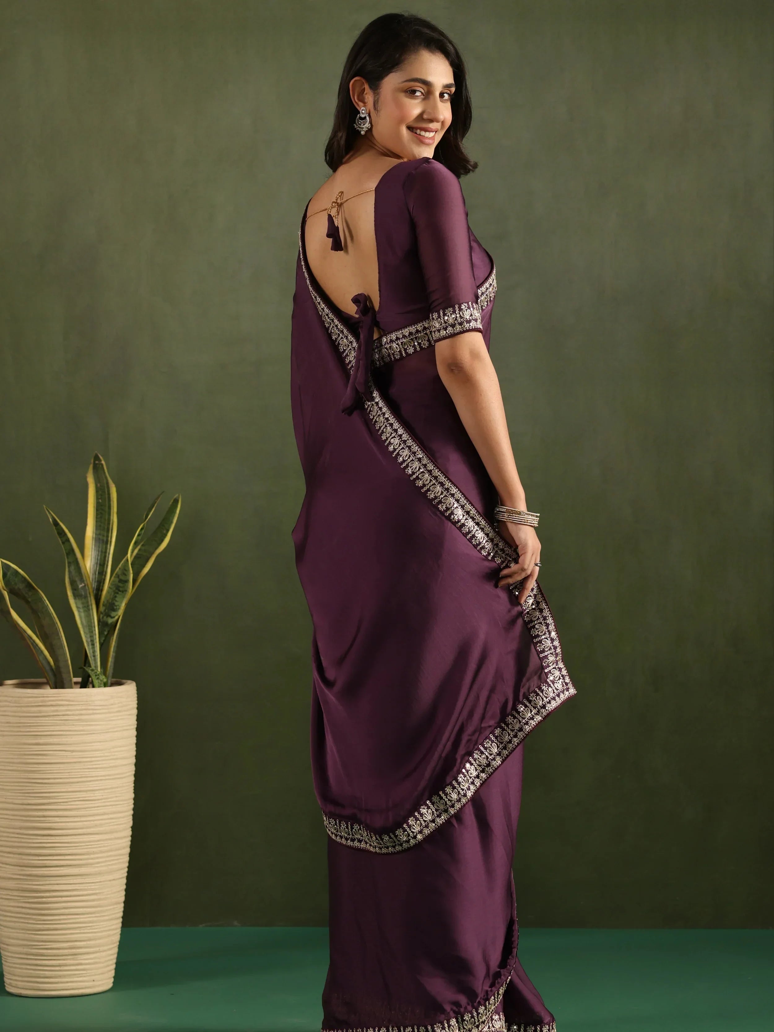 Purple Majestic Bordered Chiffon One Minute Saree With Blouse