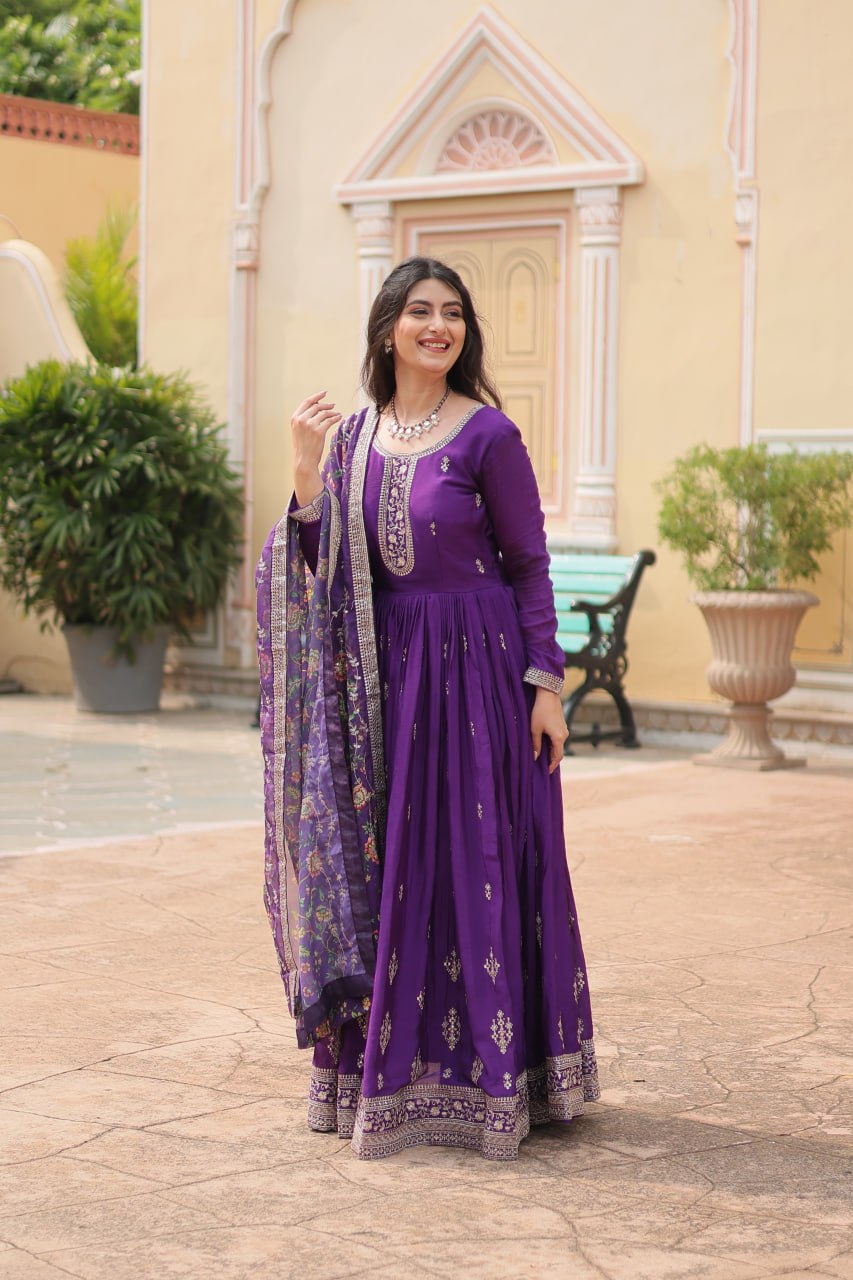 Chinon Sequins Embroidered Gown with Kalamkari Dupatta