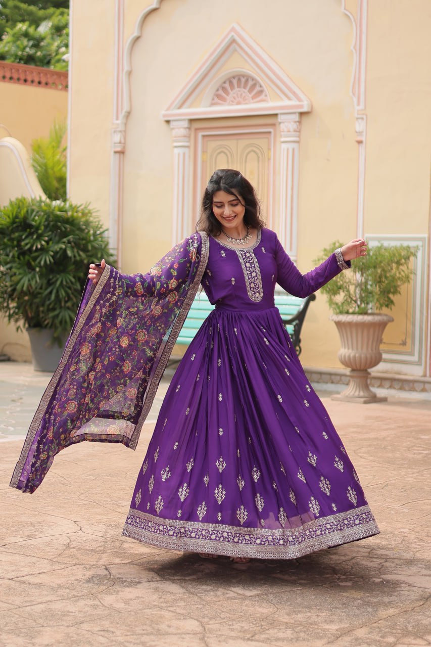 Chinon Sequins Embroidered Gown with Kalamkari Dupatta