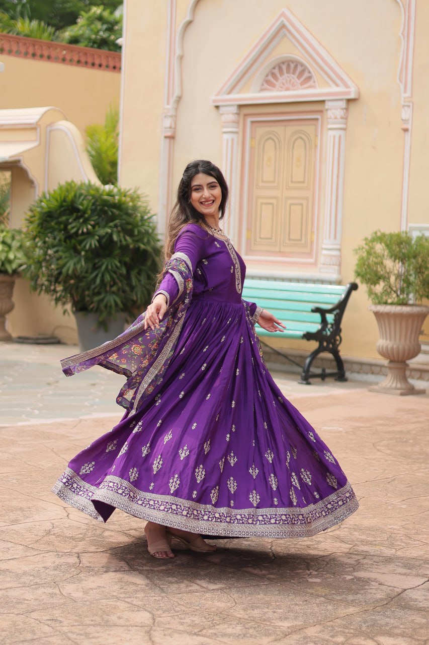 Chinon Sequins Embroidered Gown with Kalamkari Dupatta