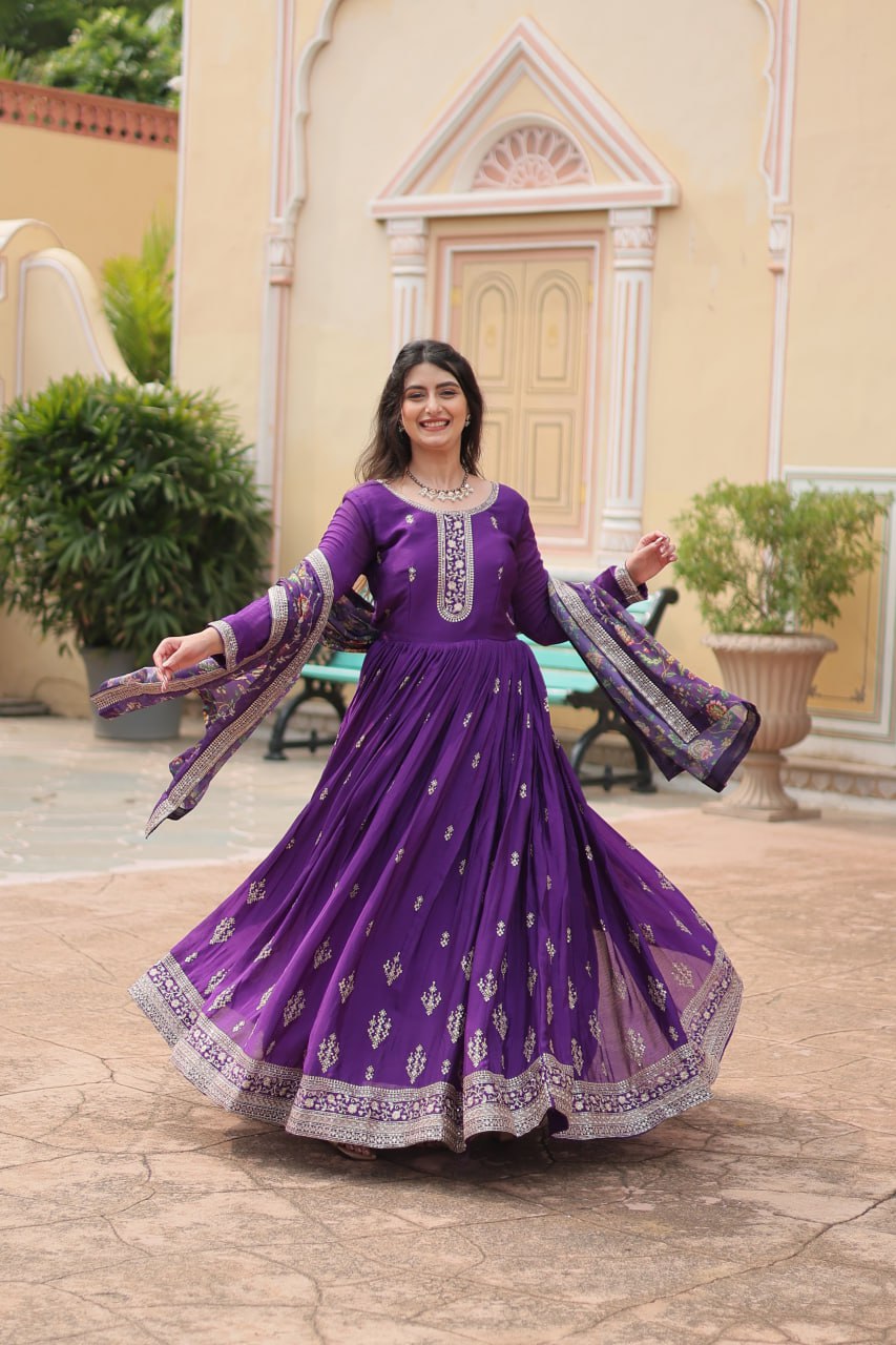 Chinon Sequins Embroidered Gown with Kalamkari Dupatta