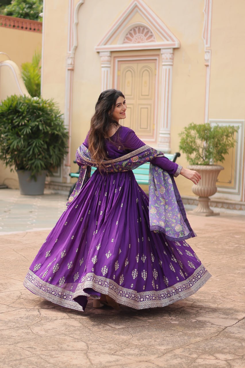 Chinon Sequins Embroidered Gown with Kalamkari Dupatta