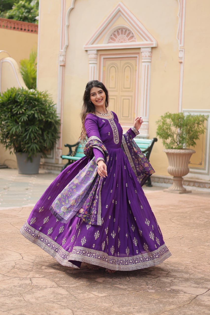 Chinon Sequins Embroidered Gown with Kalamkari Dupatta