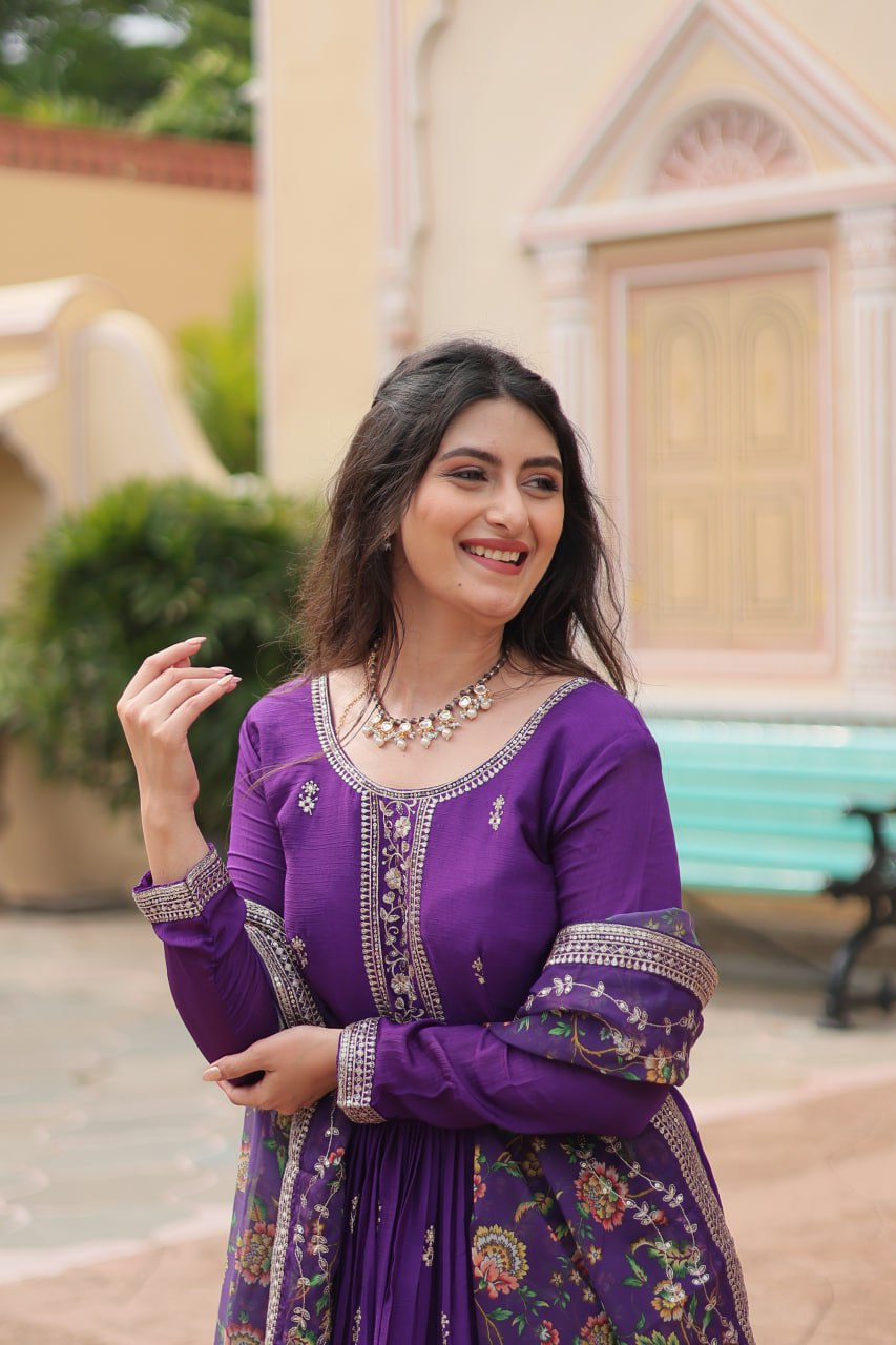 Chinon Sequins Embroidered Gown with Kalamkari Dupatta