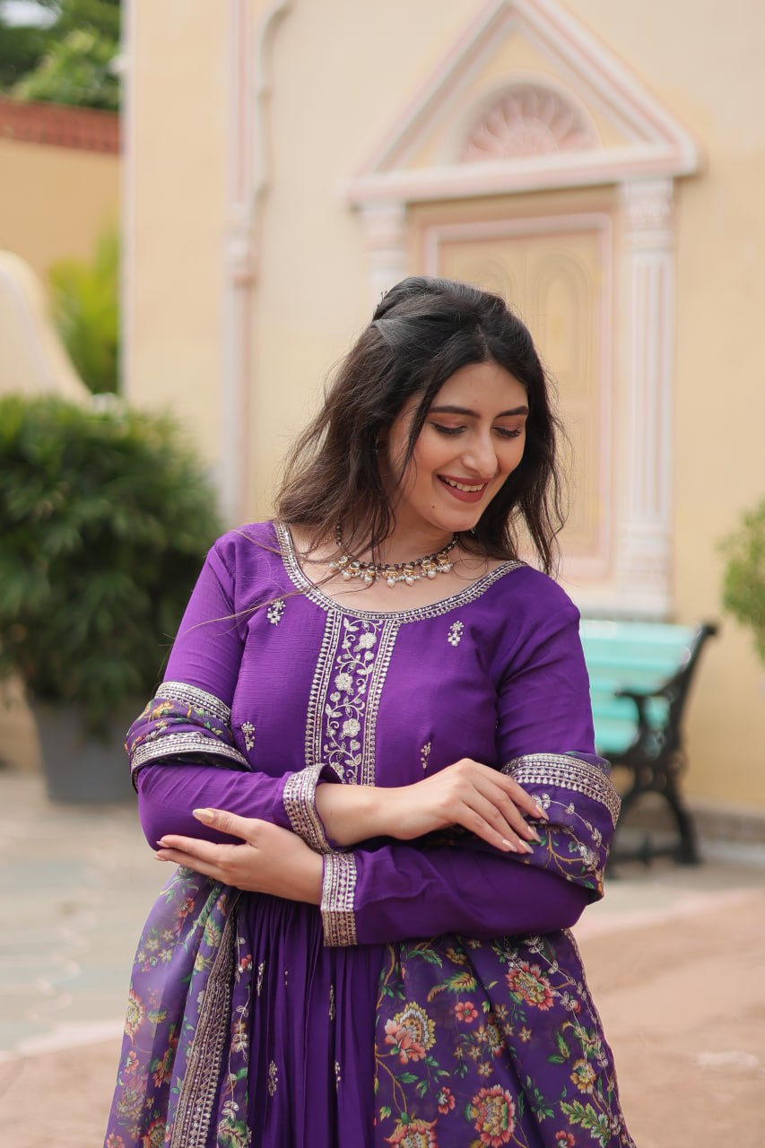 Chinon Sequins Embroidered Gown with Kalamkari Dupatta