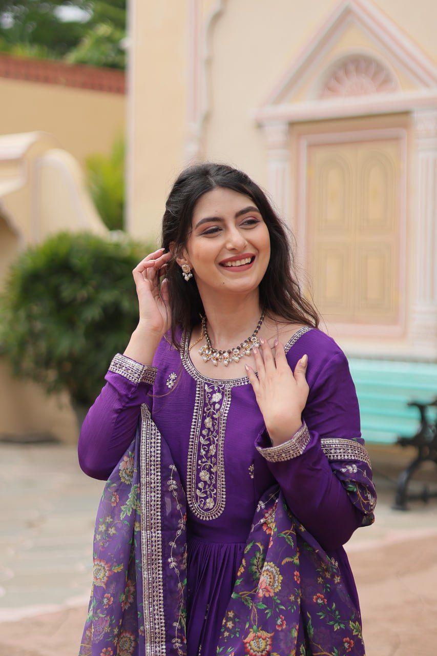 Chinon Sequins Embroidered Gown with Kalamkari Dupatta